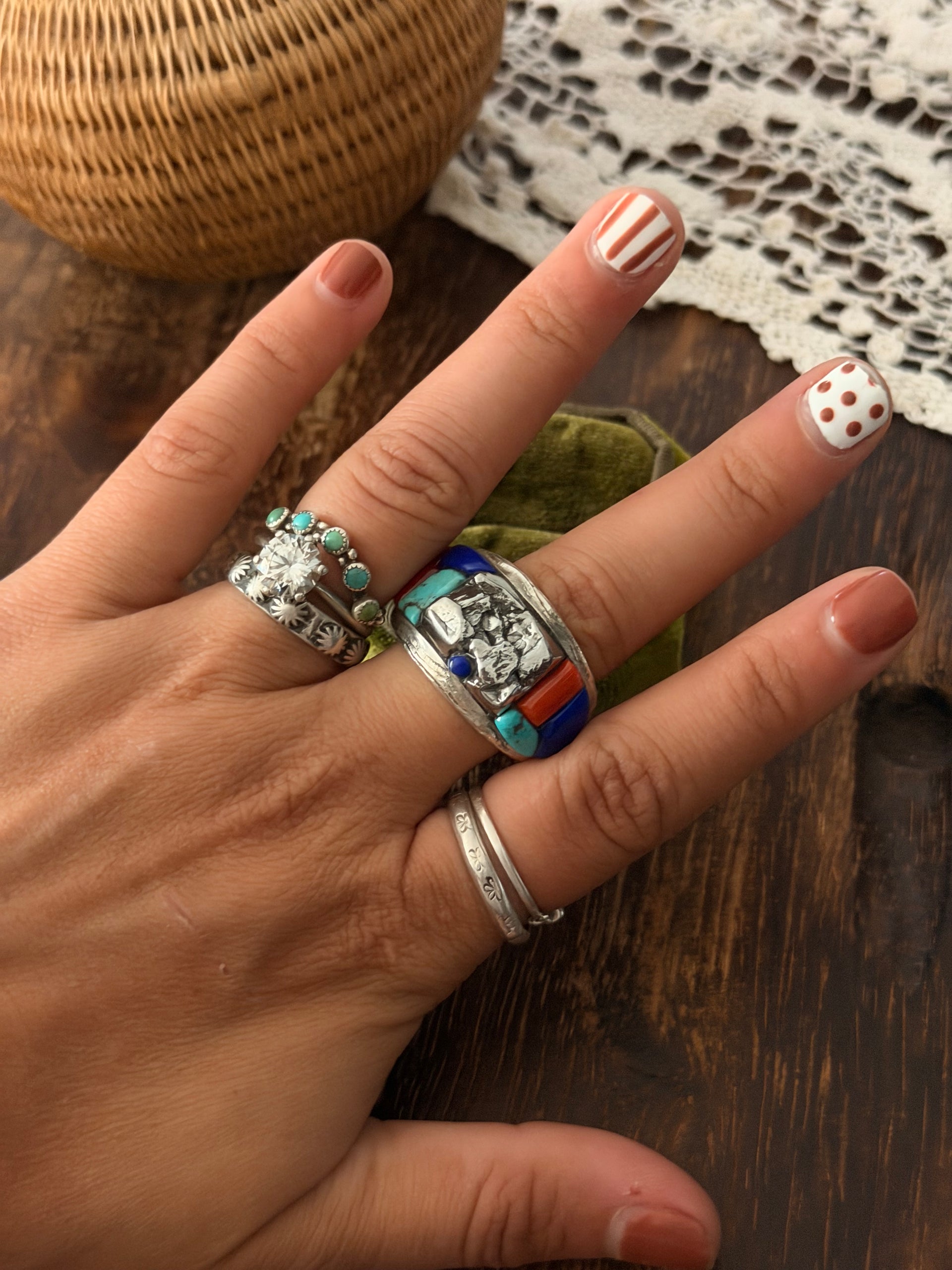 Alvin Yellowhorse High Grade Multi Stone & Meteorite & Sterling Silver Inlay Ring Size 11