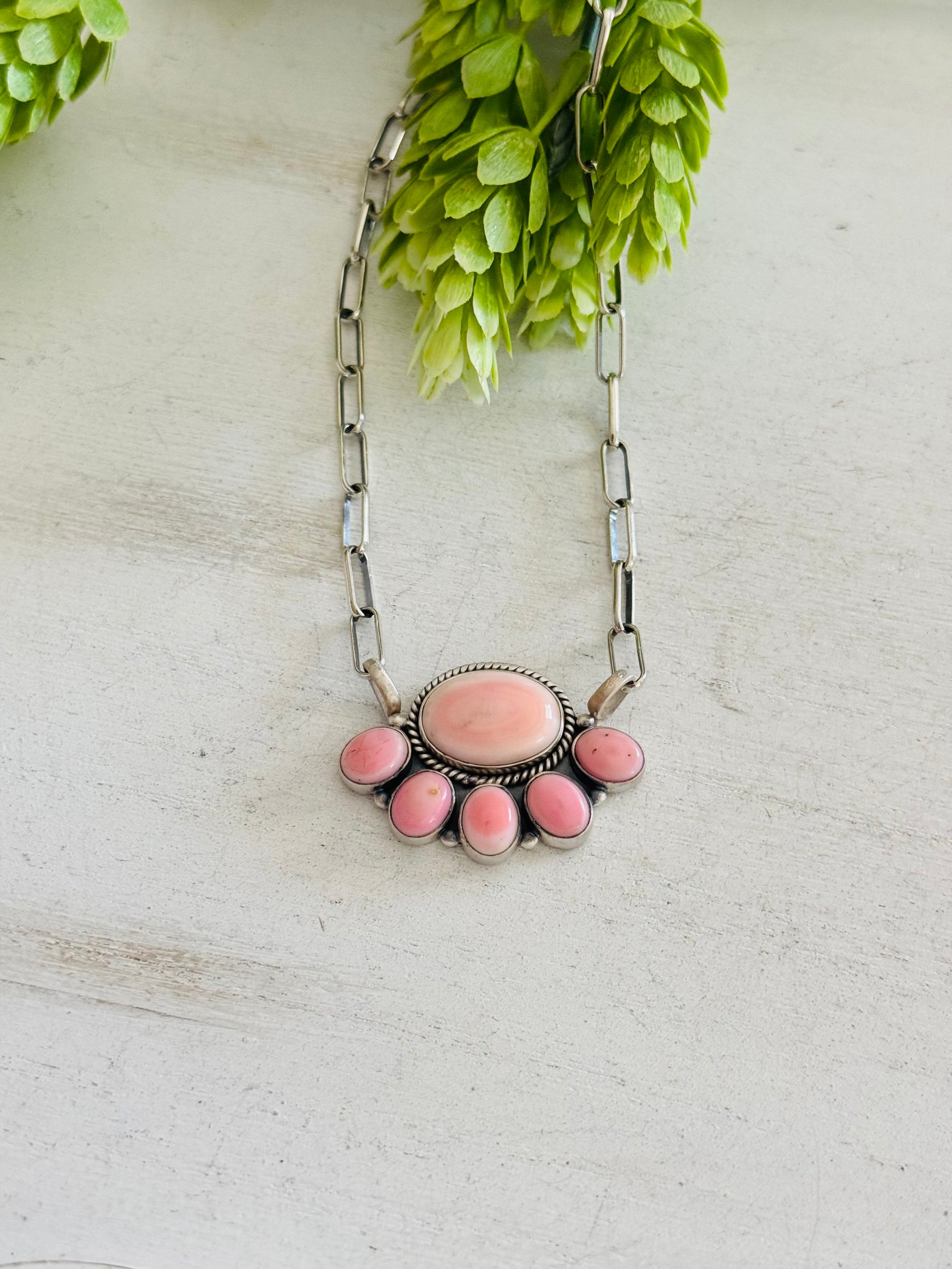 Southwest Made Pink Conch & Sterling Silver Cluster Necklace
