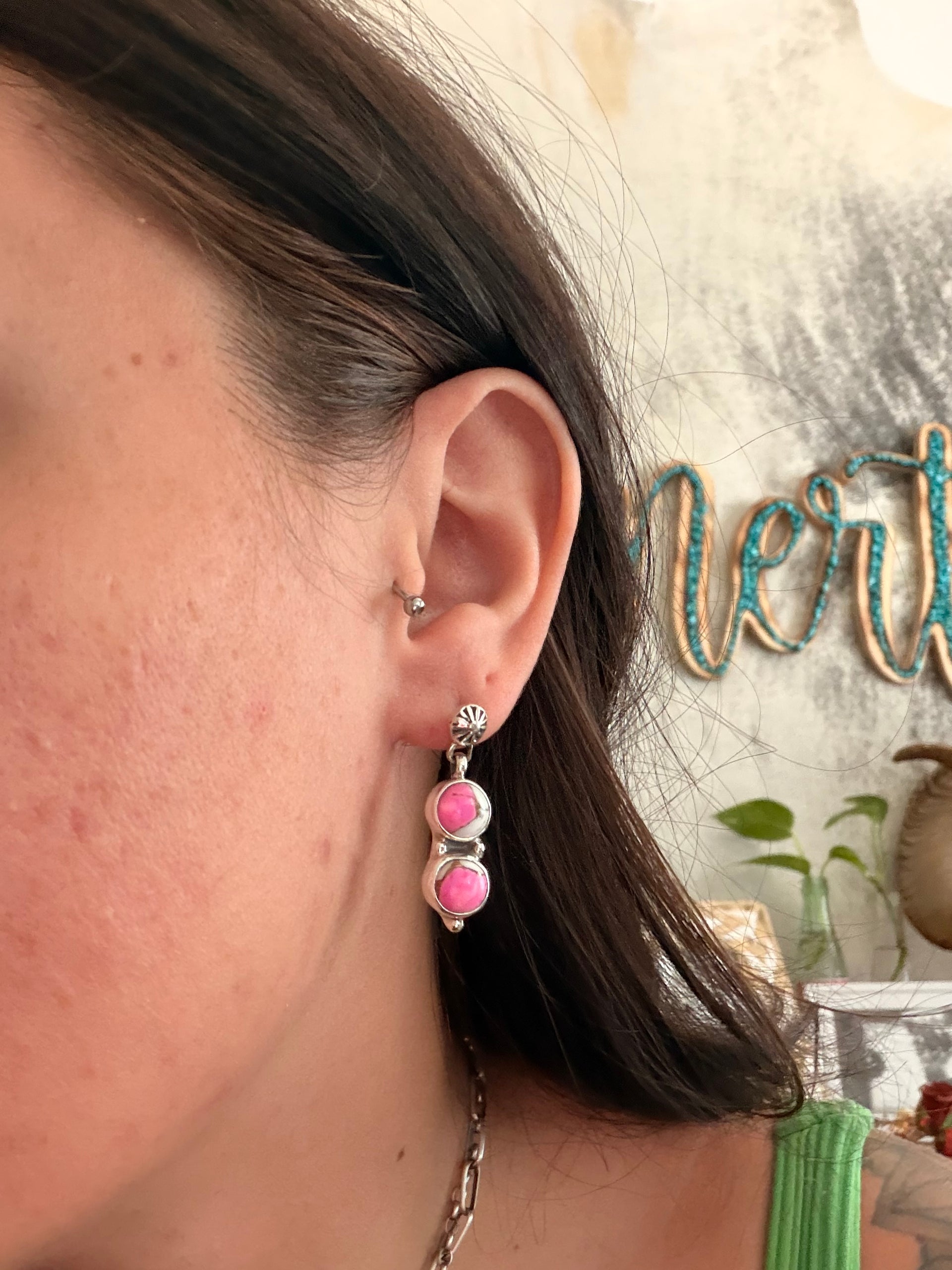 Navajo Made Cotton Candy Dahlia & Sterling Silver Post Cluster Earrings