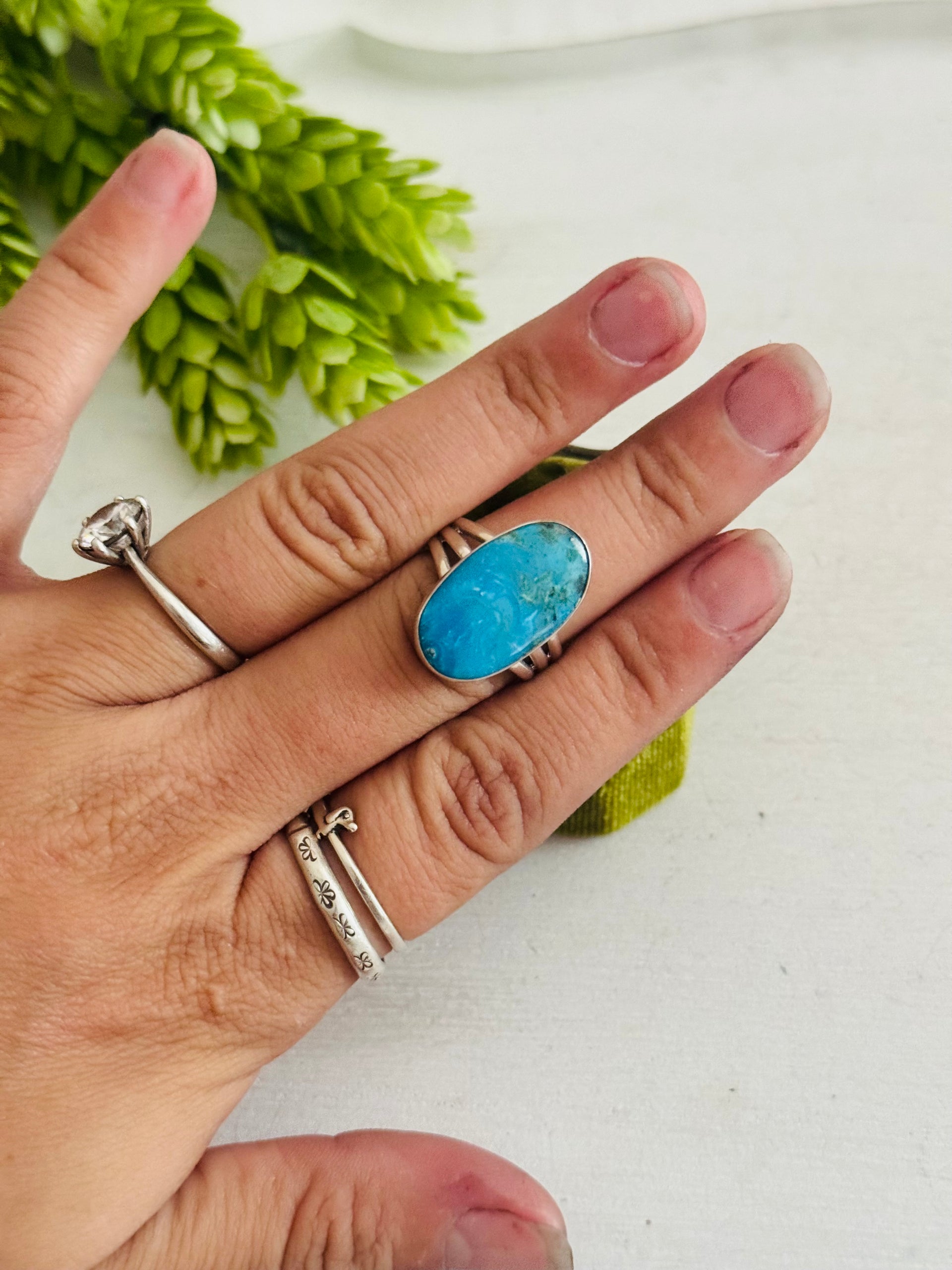 Southwest Made Kingman Turquoise & Sterling Sliver Ring Size 6.75