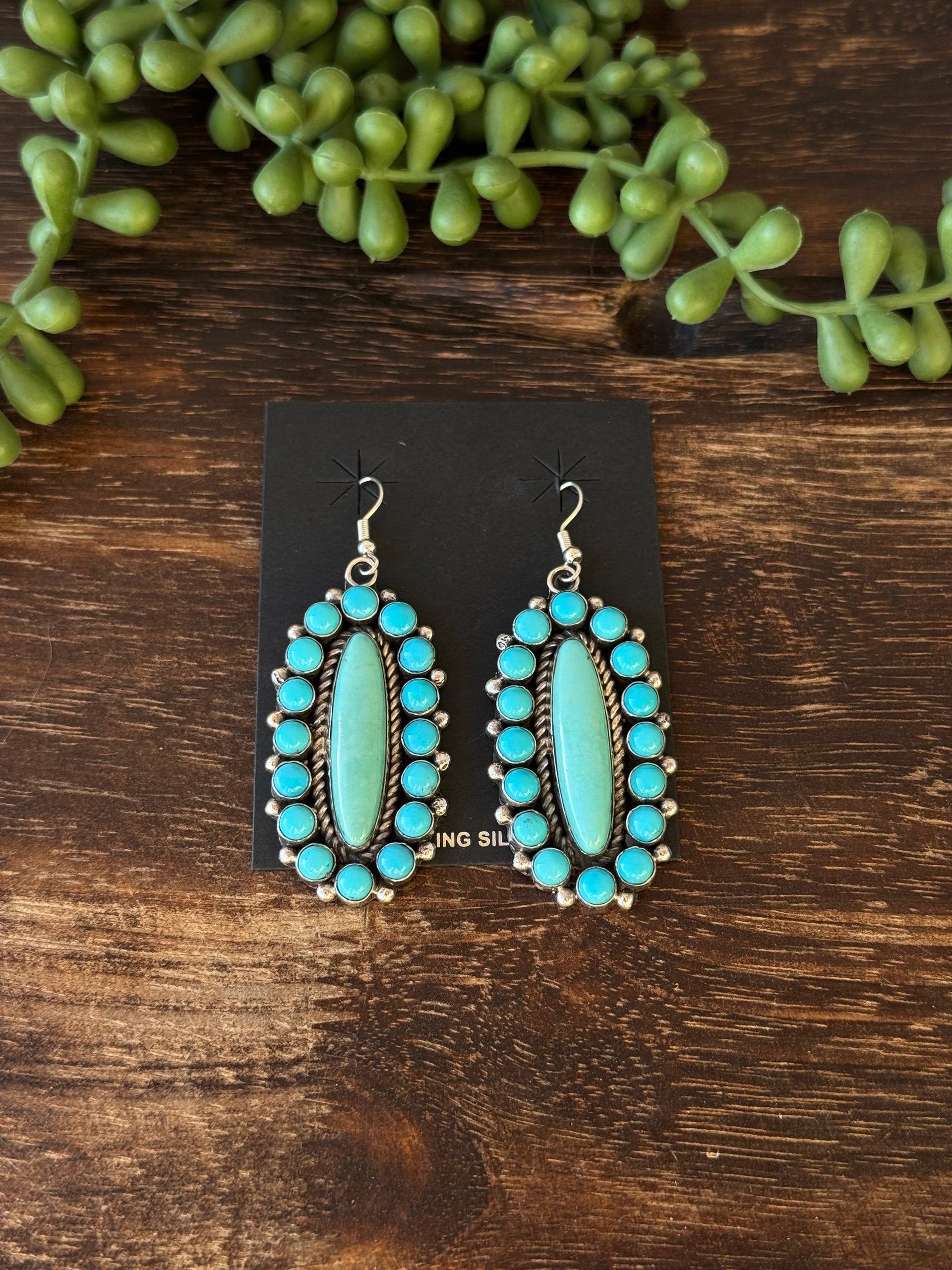 Navajo Made Kingman Turquoise & Sterling Silver Dangle Cluster Earrings