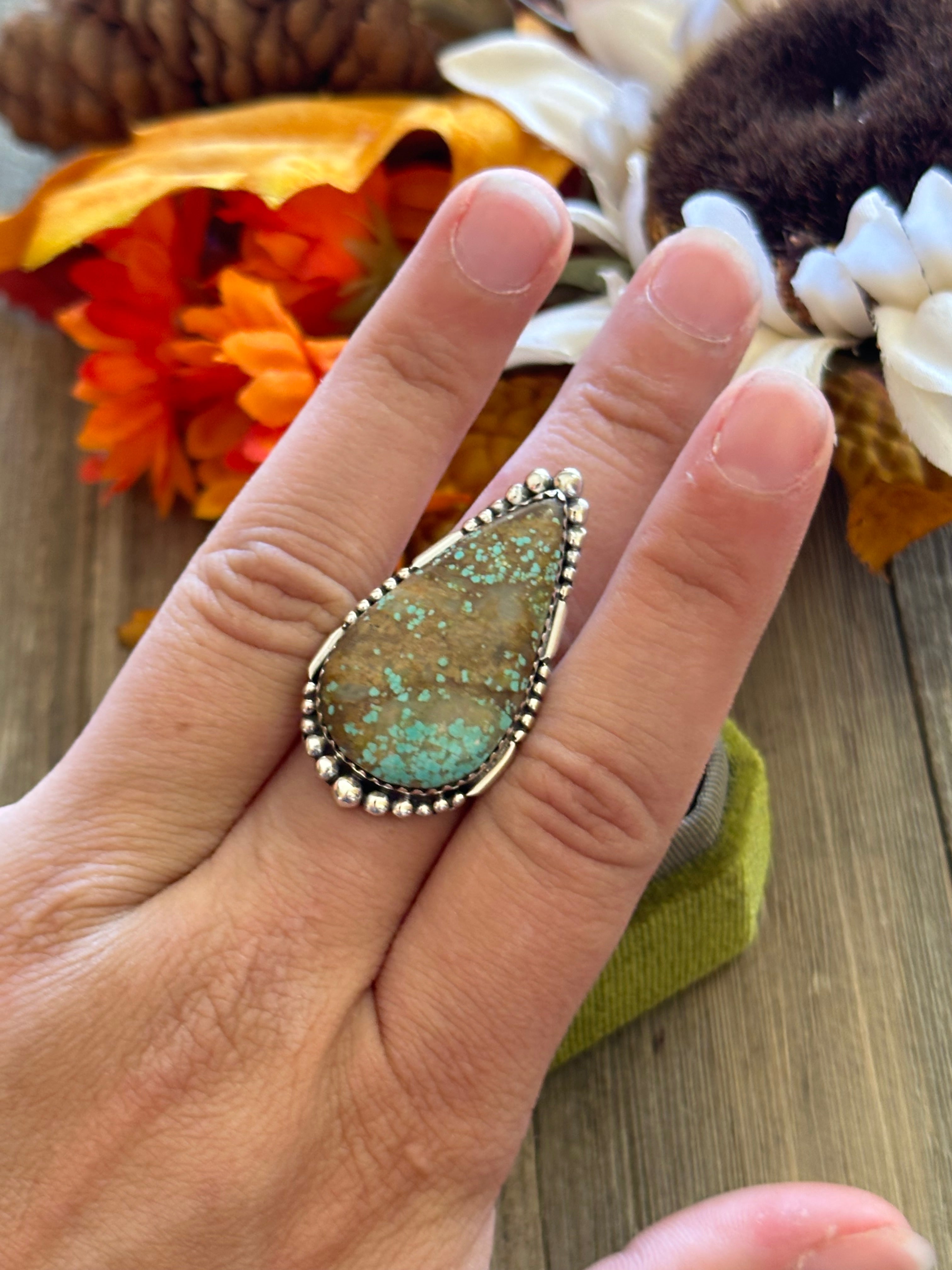 Southwest Handmade #8 Turquoise & Sterling Silver Adjustable Ring