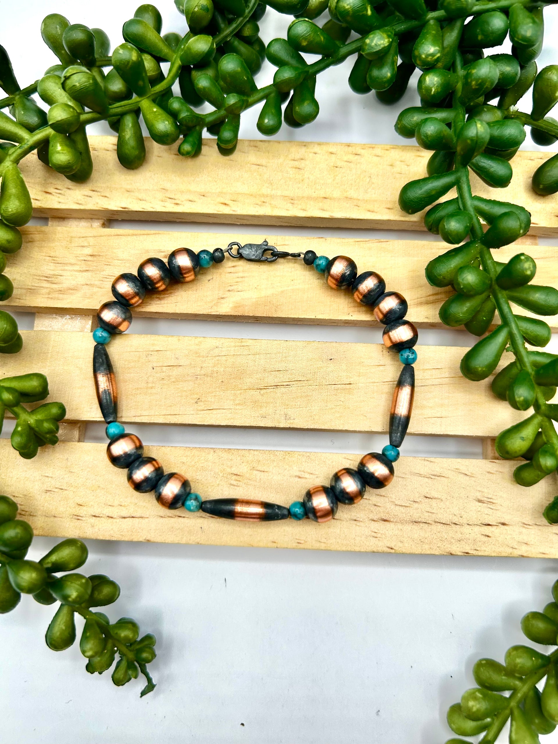 Navajo Made Strung Kingman Turquoise & Copper Link Bracelet