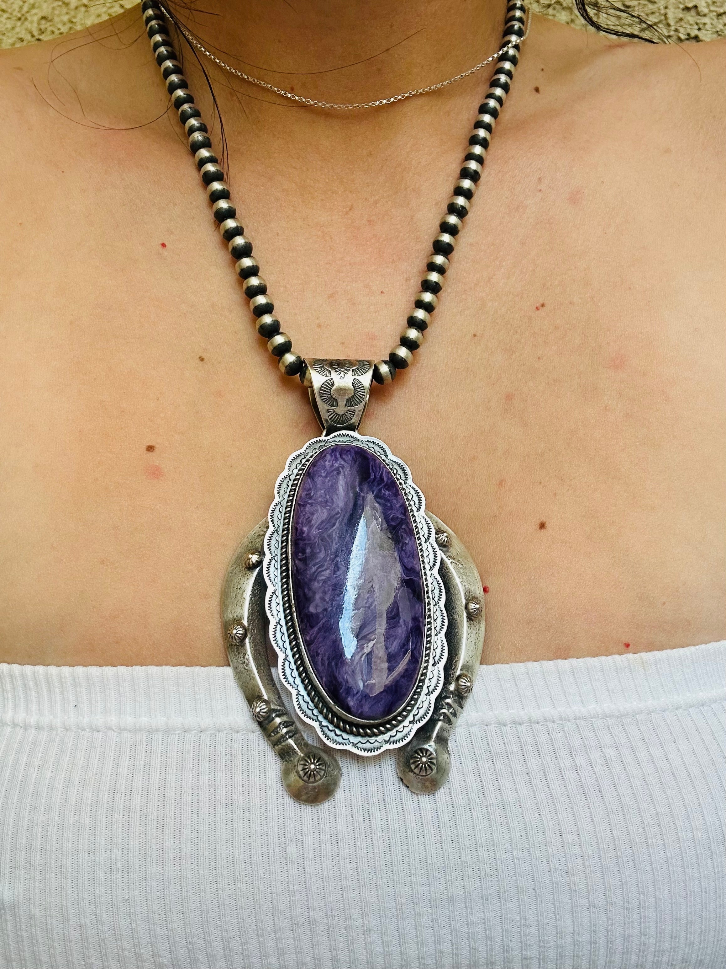 Navajo Made Charoite & Sterling Silver Pendant