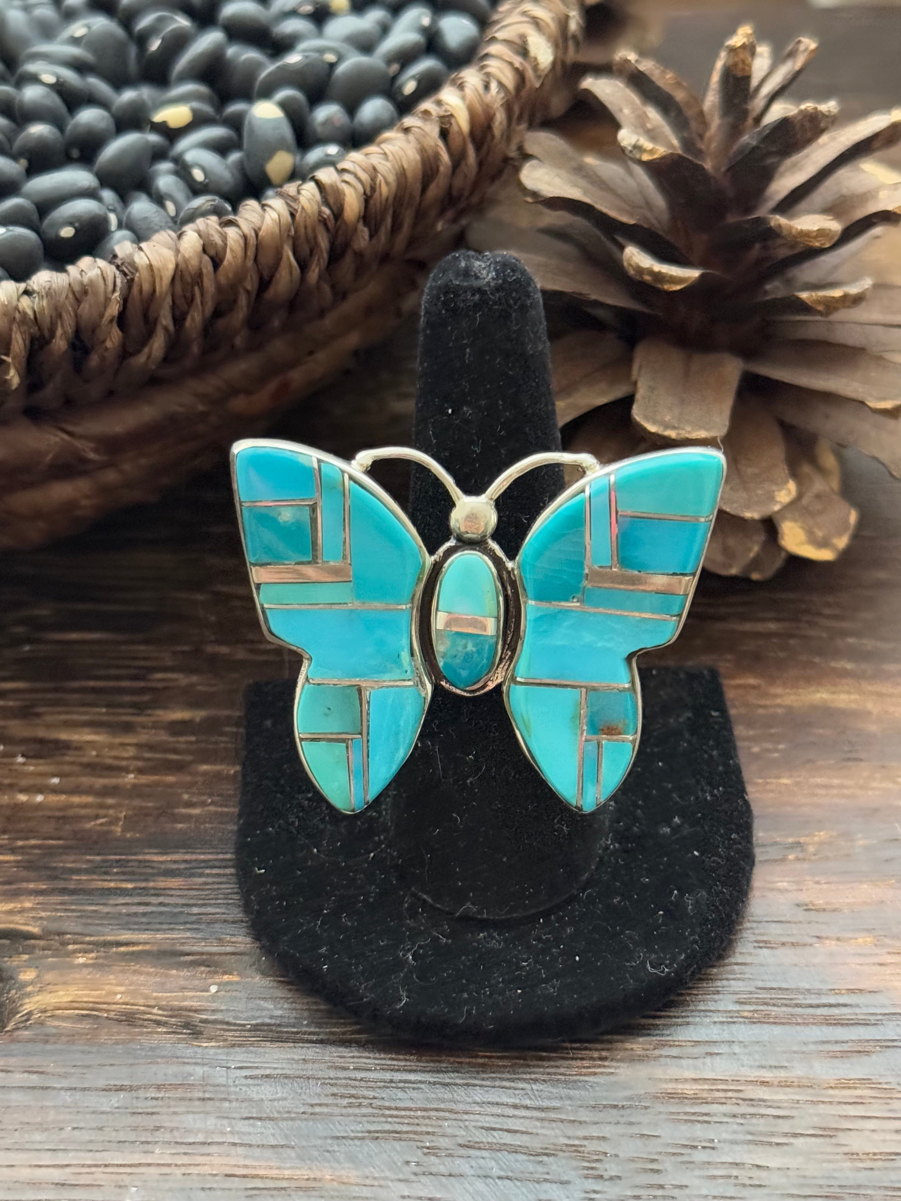 Navajo Made Kingman Turquoise & Sterling Silver Inlay Adjustable Butterfly Ring