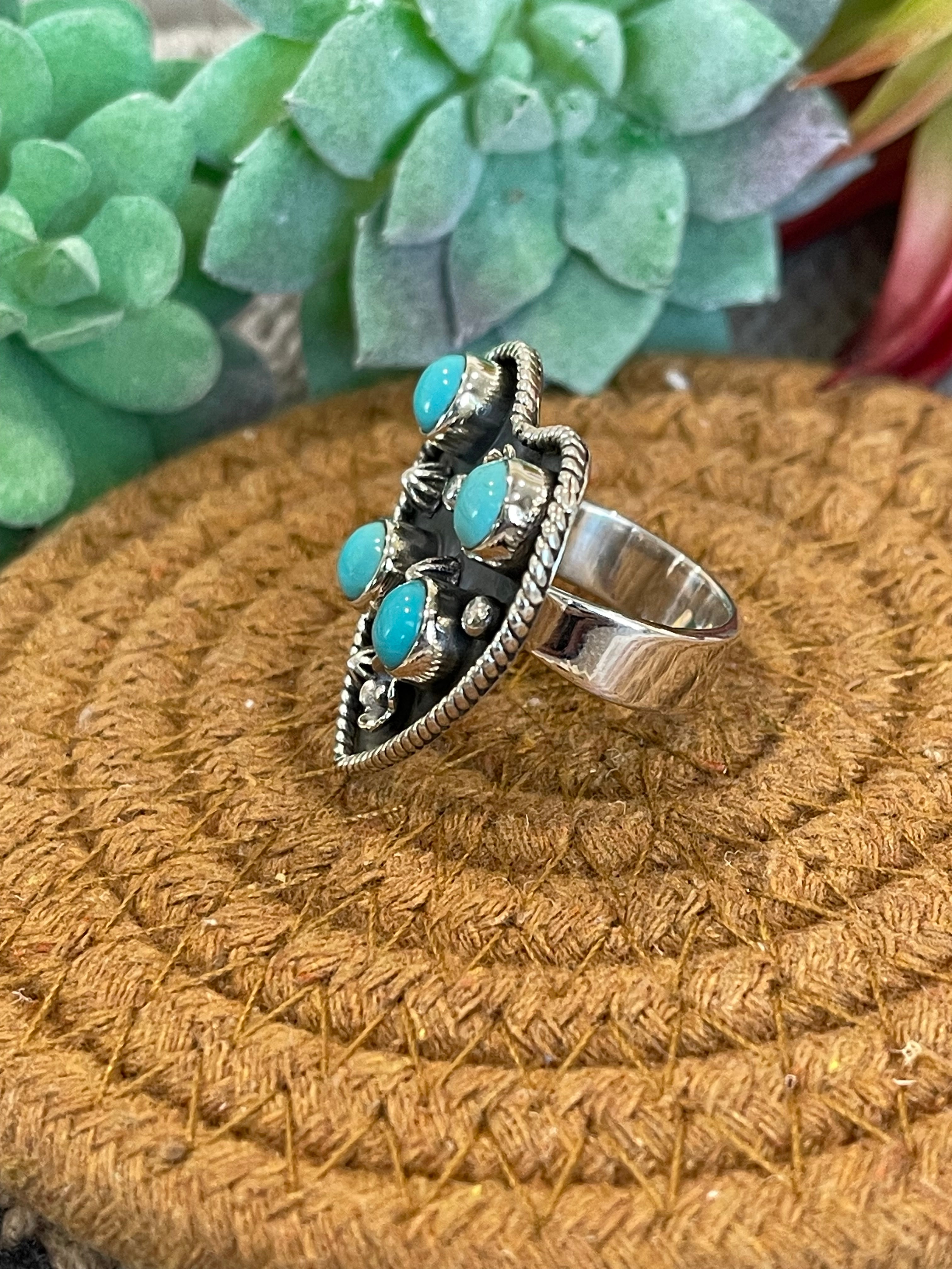 Southwest Handmade Kingman Turquoise & Sterling Silver Adjustable Heart Ring