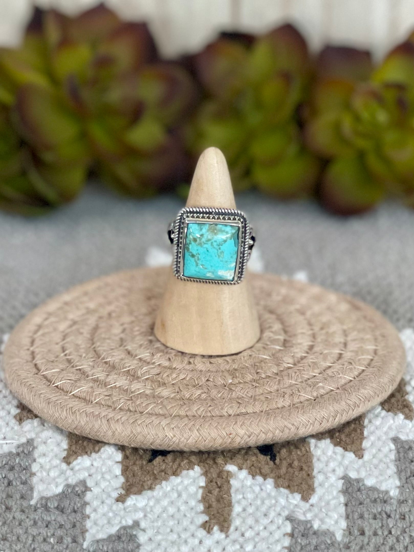 Southwest Handmade Kingman Turquoise & Sterling Silver Size 8 Square Ring