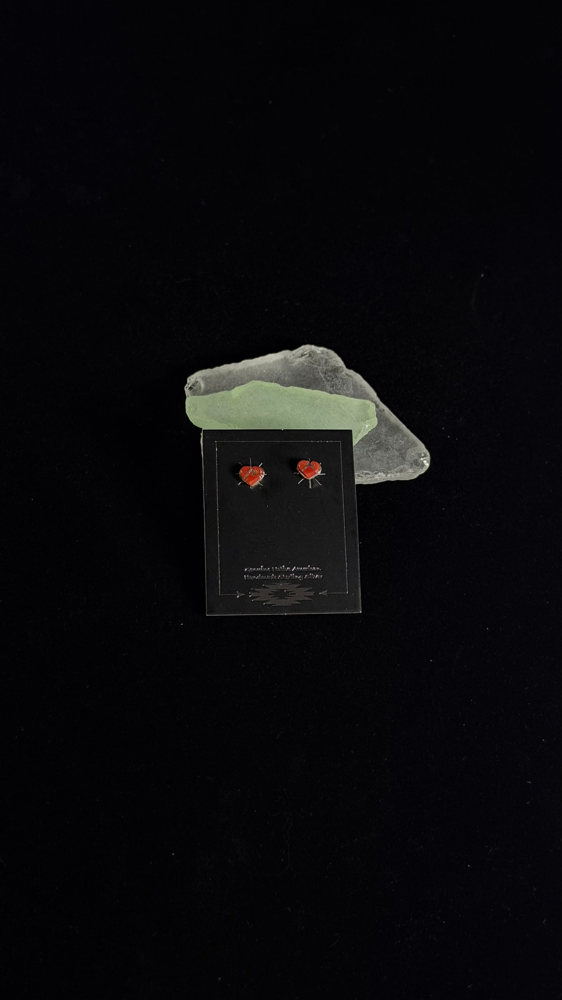 Zuni Made Coral & Sterling Silver Inlay Post Heart Earrings