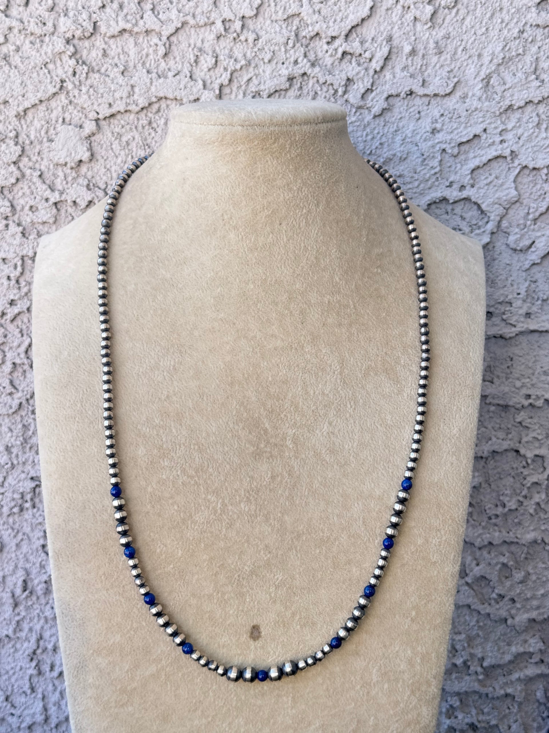 Navajo Strung Lapis & Sterling Silver Graduated Pearl Necklace