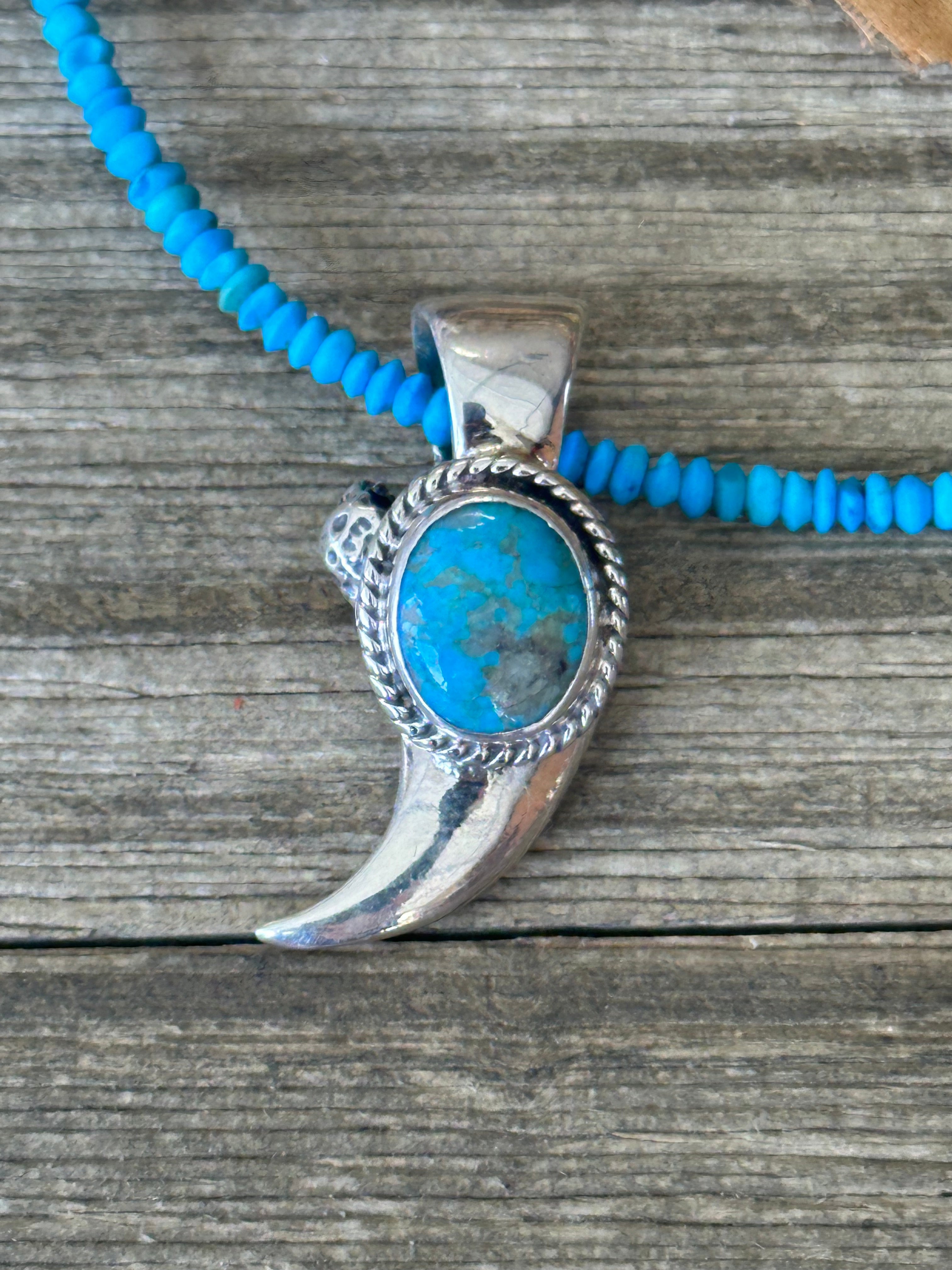 Navajo Made Kingman Turquoise & Sterling Silver Claw Pendant