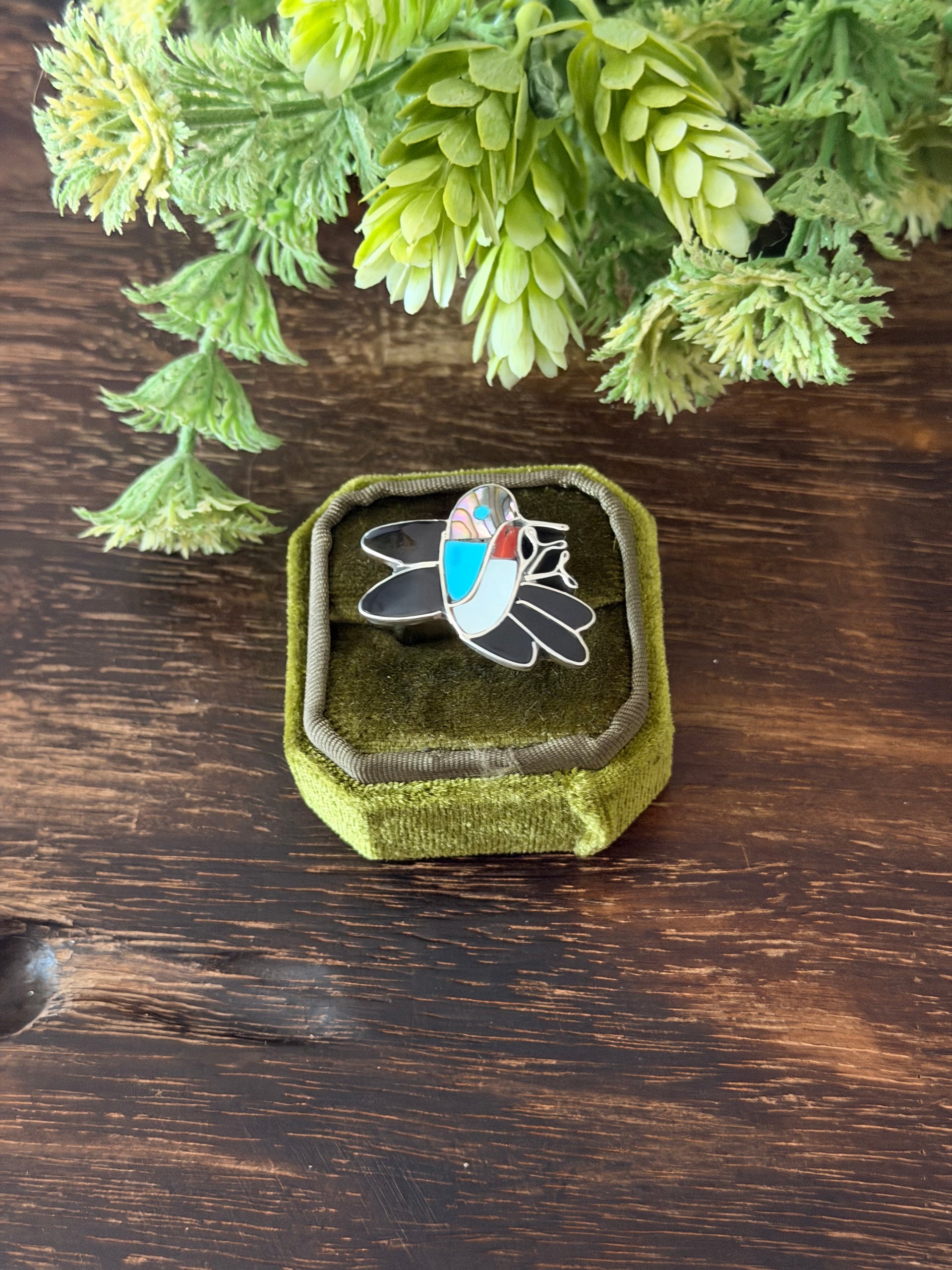 Zuni Made Multi Stone & Sterling Silver Inlay Hummingbird Ring Size 10.25