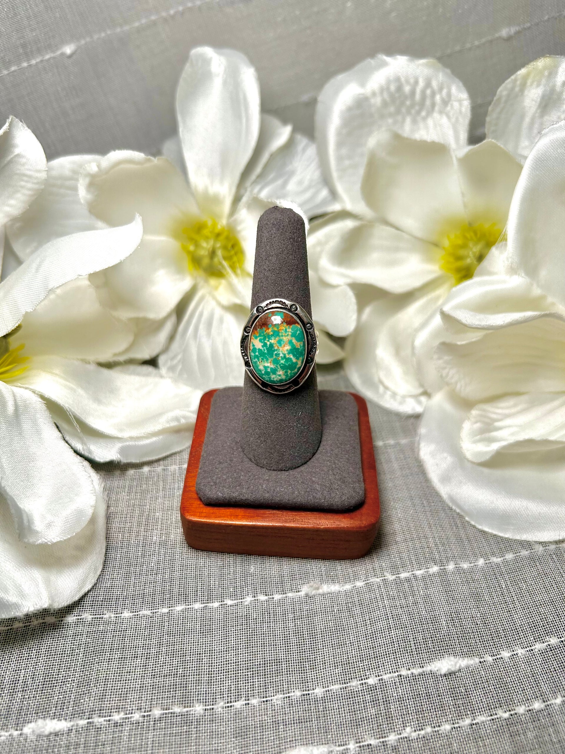 Navajo Made Fox Turquoise & Sterling Silver Ring Size 8
