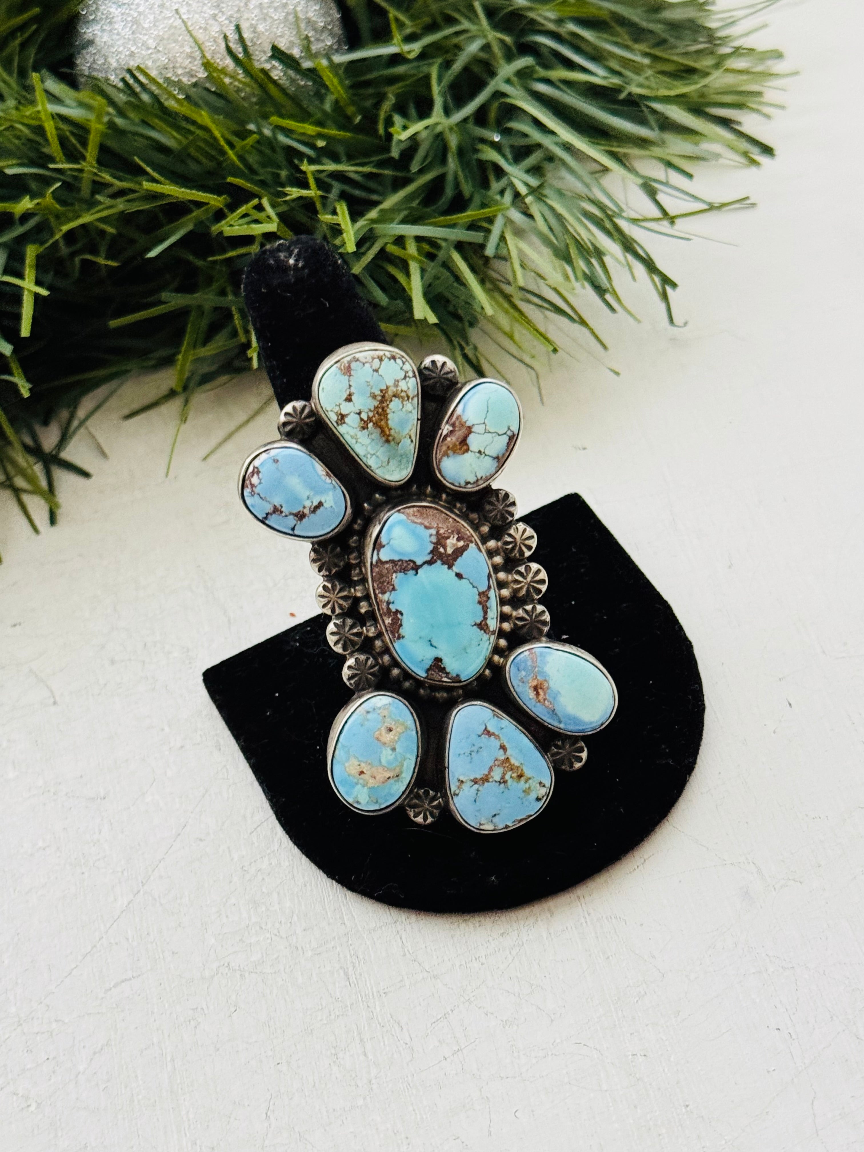 Navajo Made Golden Hills Turquoise & Sterling Silver Cluster Ring Size 10.5