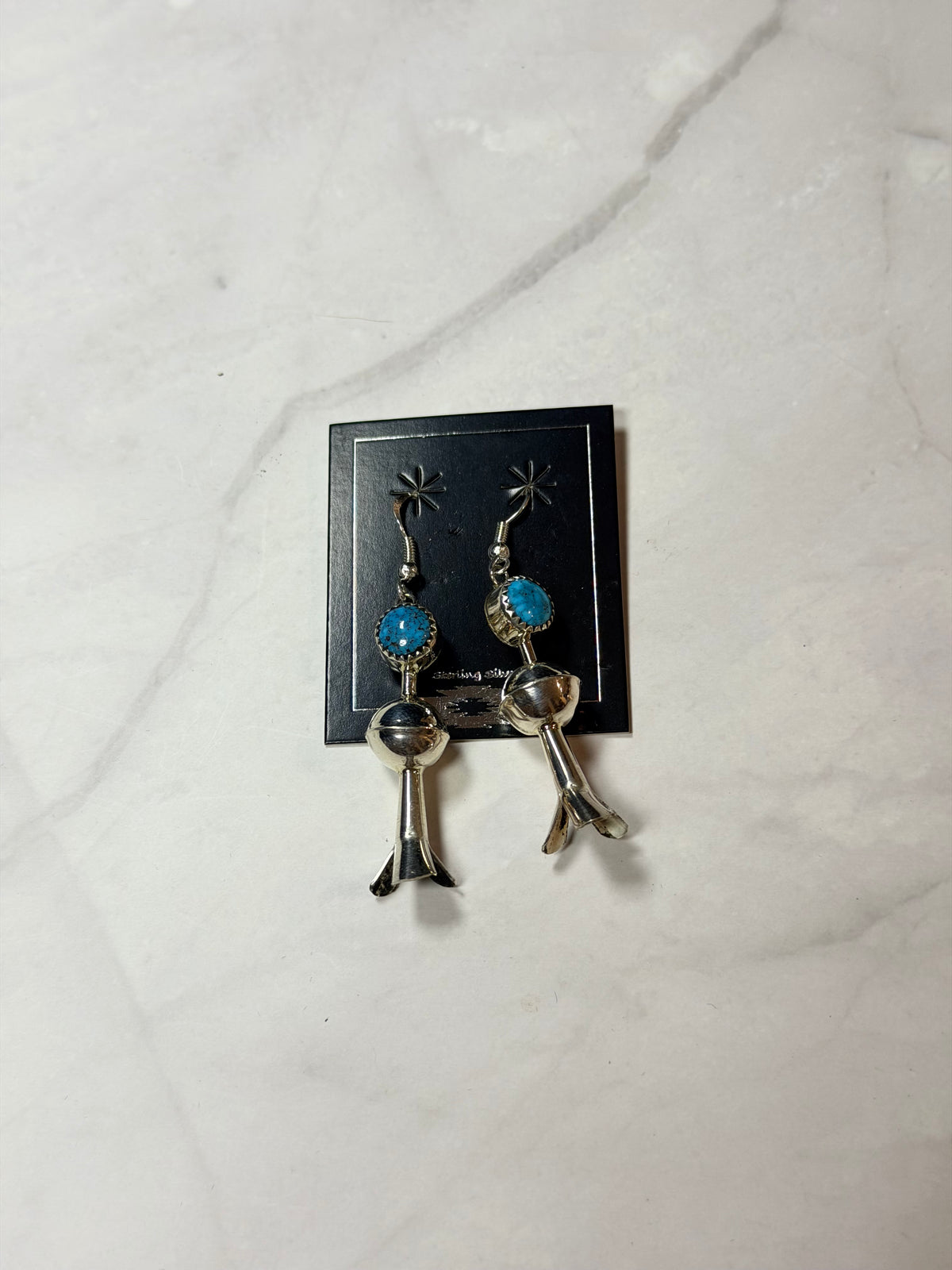 Navajo Made Kingman Turquoise & Sterling Silver Dangle Blossom Earrings