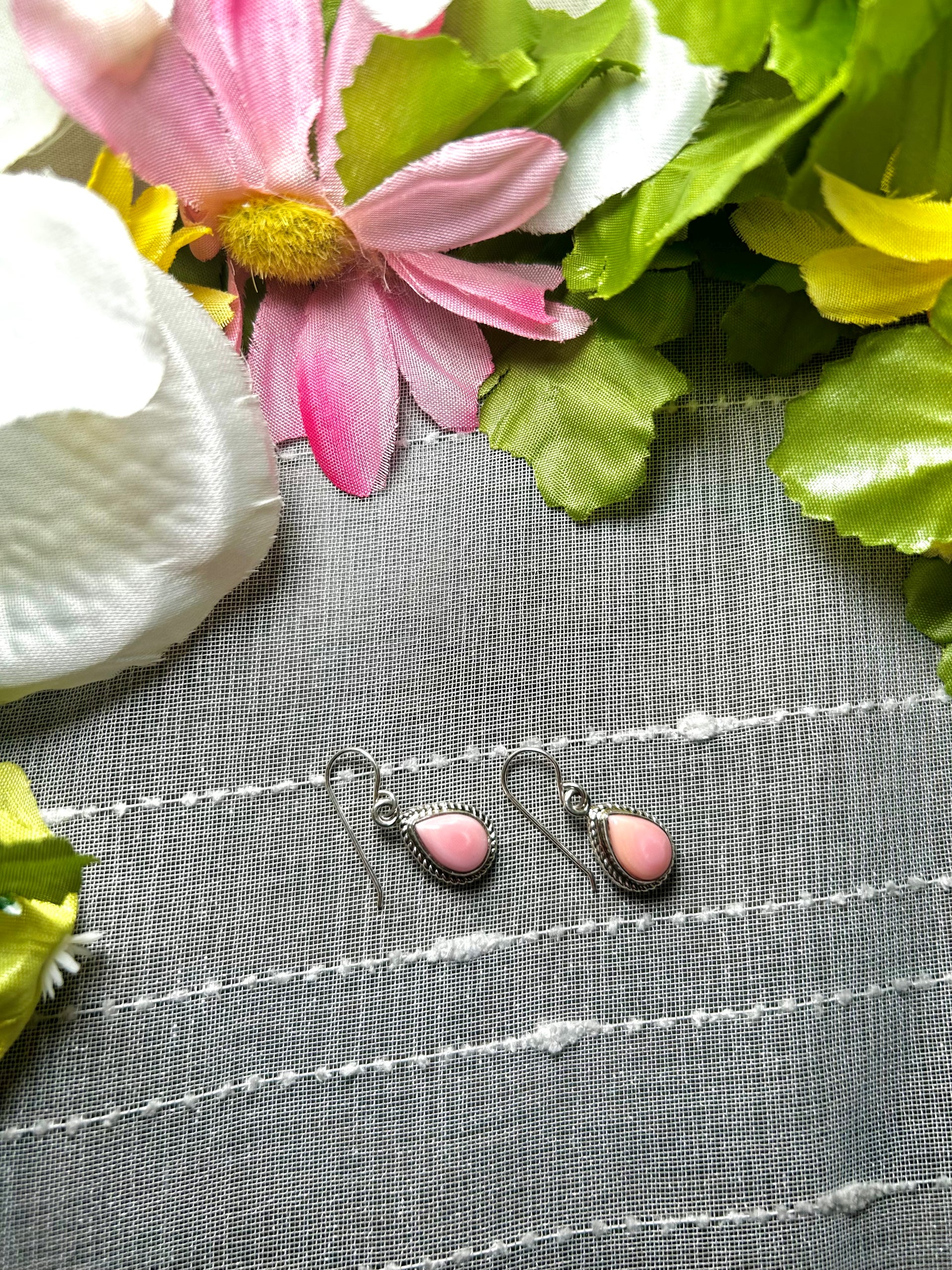 Navajo Made Pink Conch & Sterling Silver Dangle Earrings