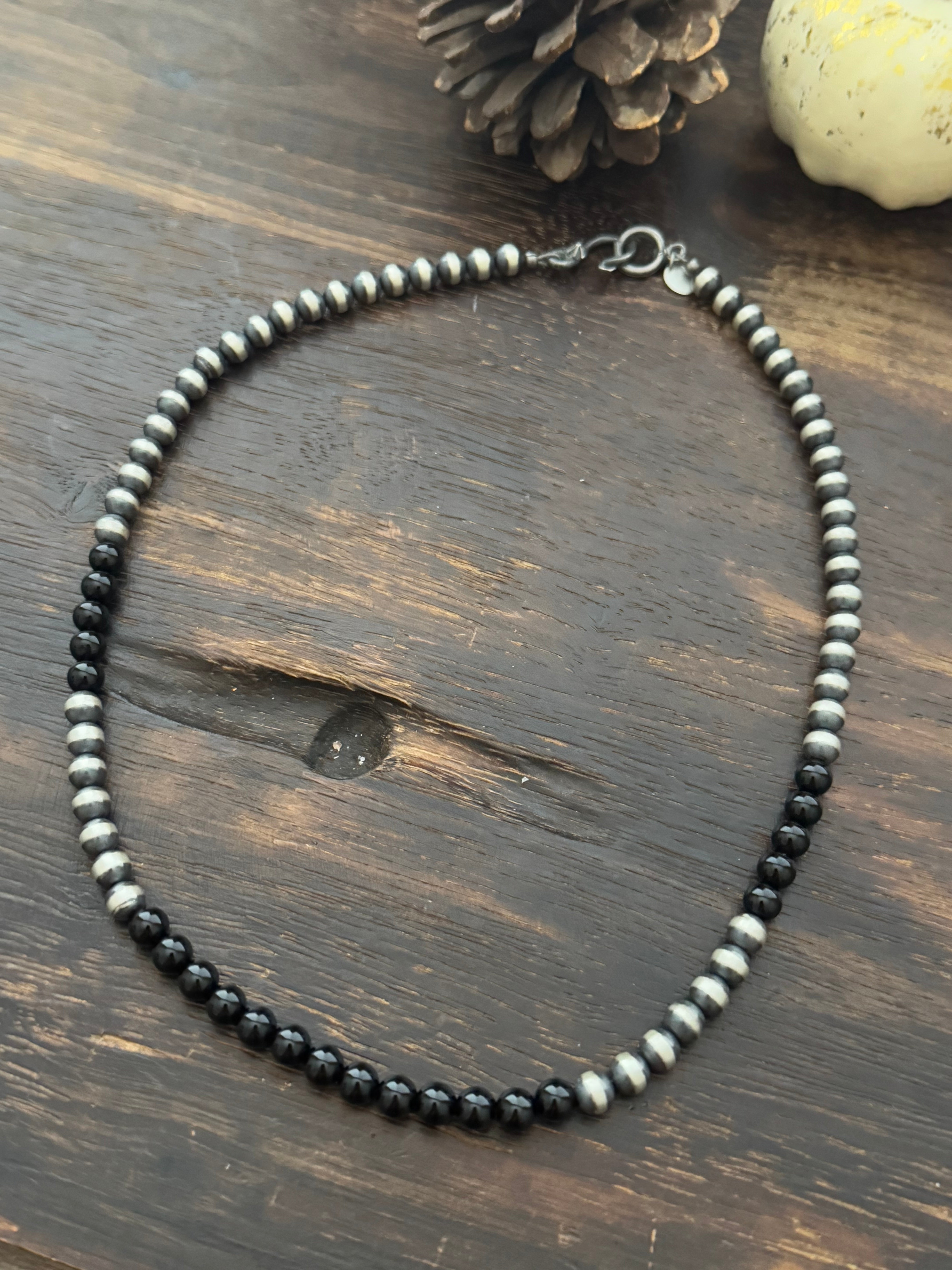 Navajo Strung Onyx & Sterling Silver Pearls Beaded Necklace