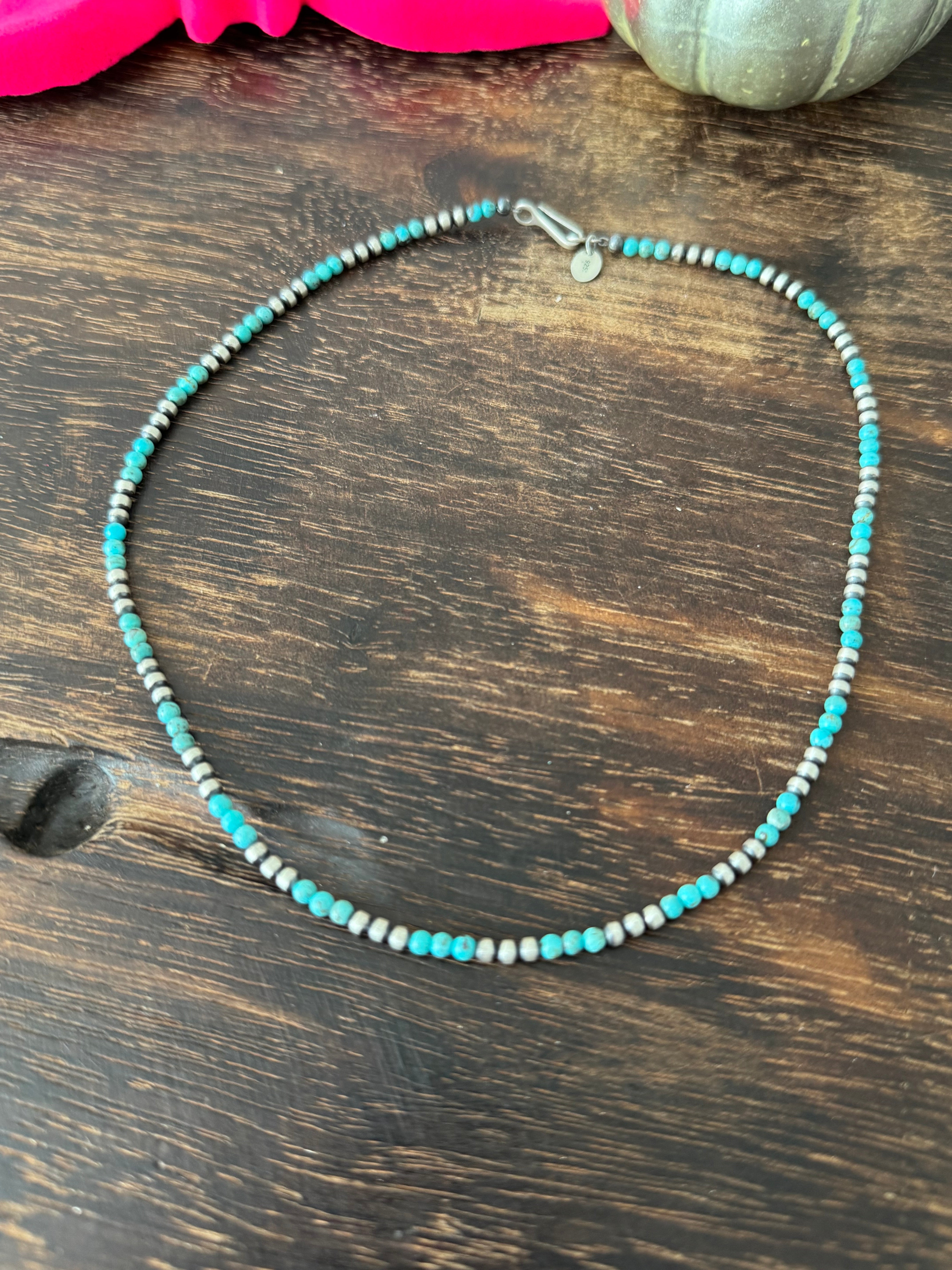 Navajo Strung Egyptian Turquoise & Sterling Silver 3MM Beaded Necklace