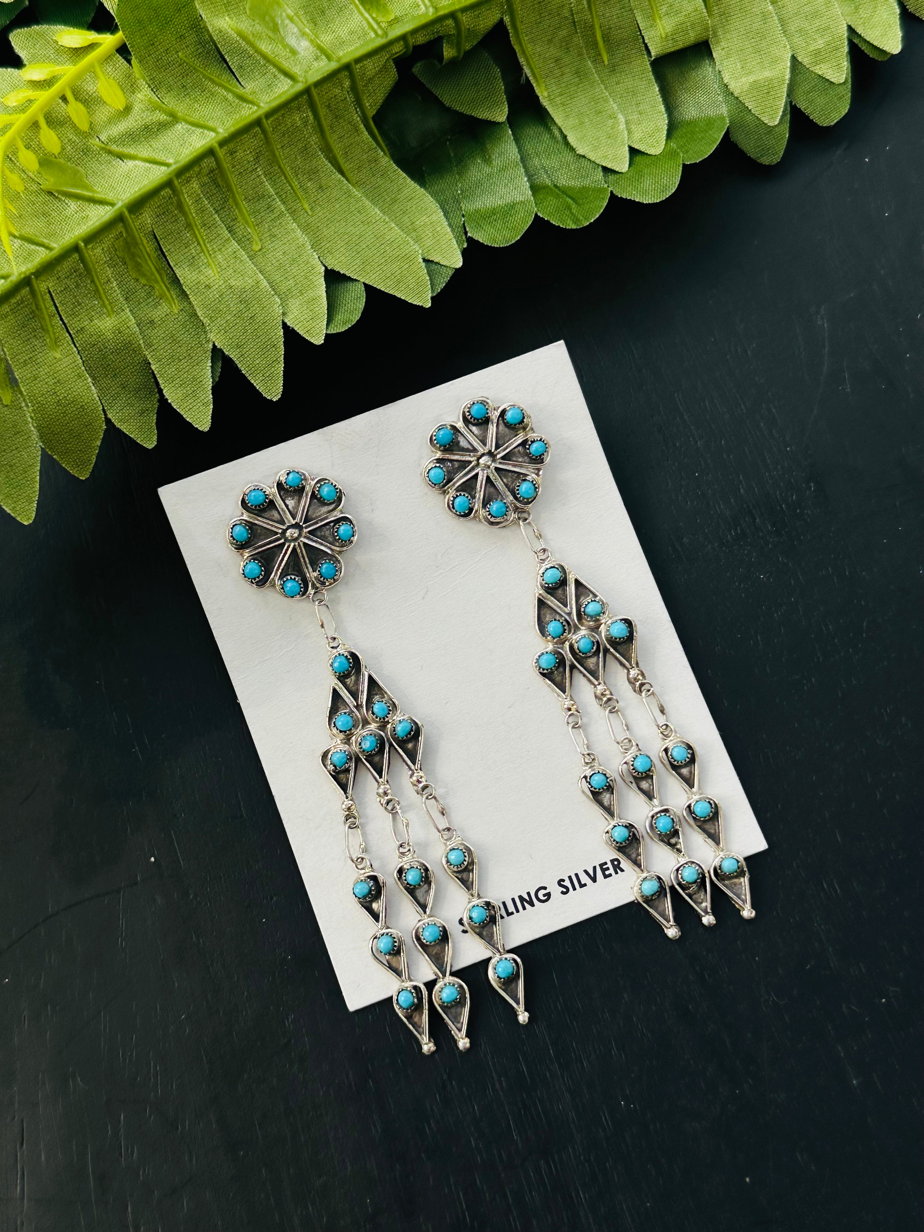 Zuni Made Turquoise Petite Point & Sterling Silver Post Dangle Earrings