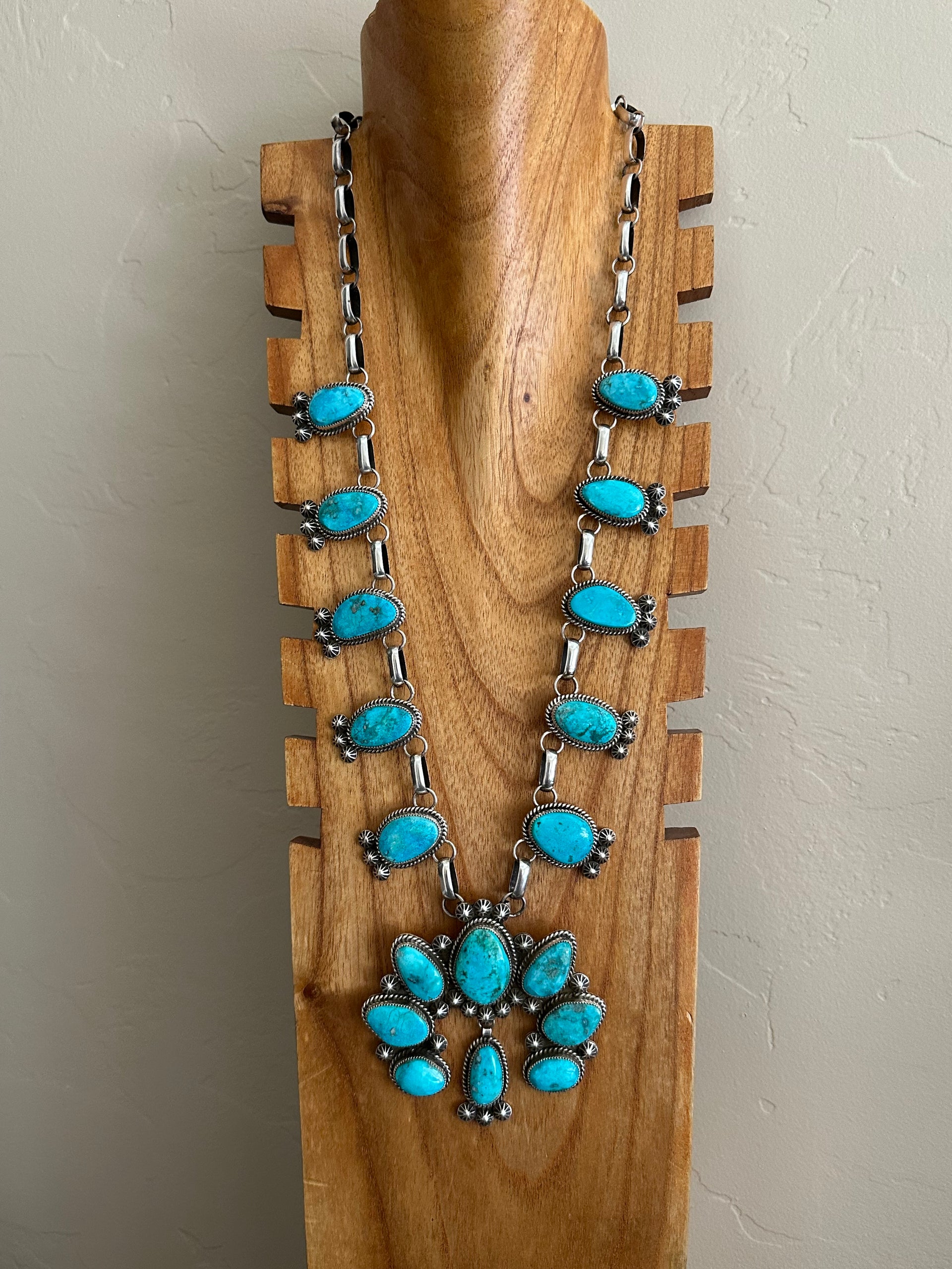 Chris Etsitty Cerrillos Turquoise & Sterling Silver Squash Naja Necklace