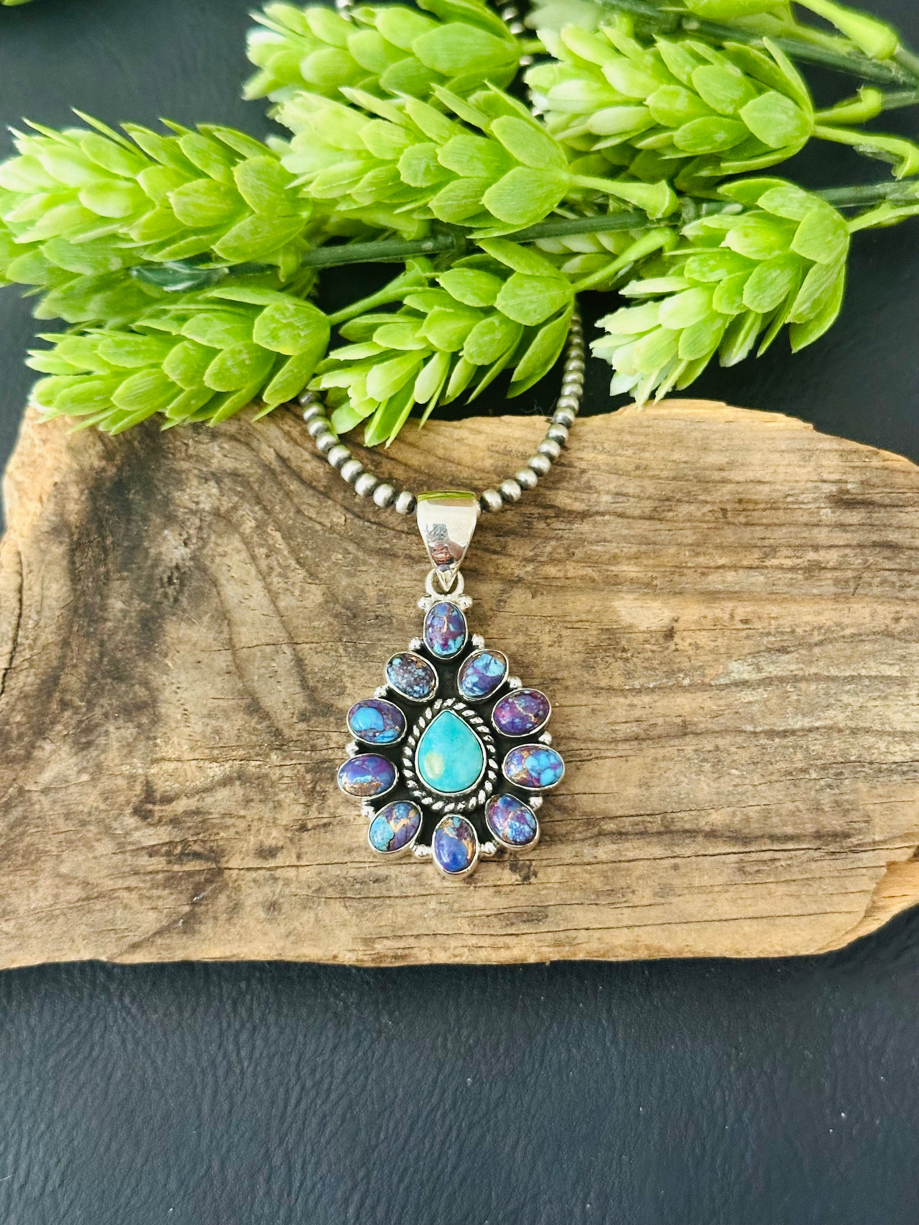 Southwest Handmade Multi Stone & Sterling Silver Cluster Pendant