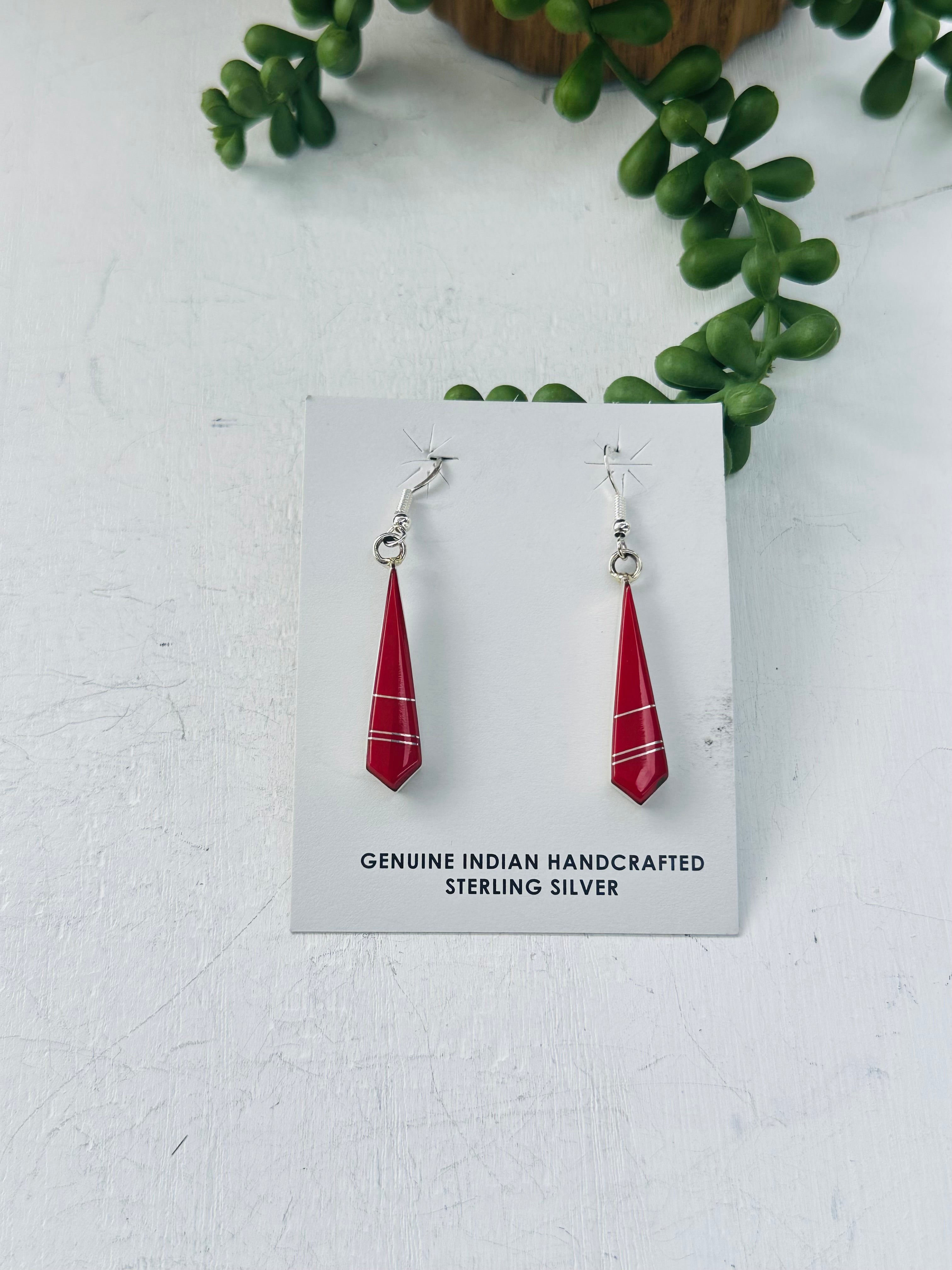 Mary Yazzie Coral & Sterling Silver Inlay Dangle Earrings