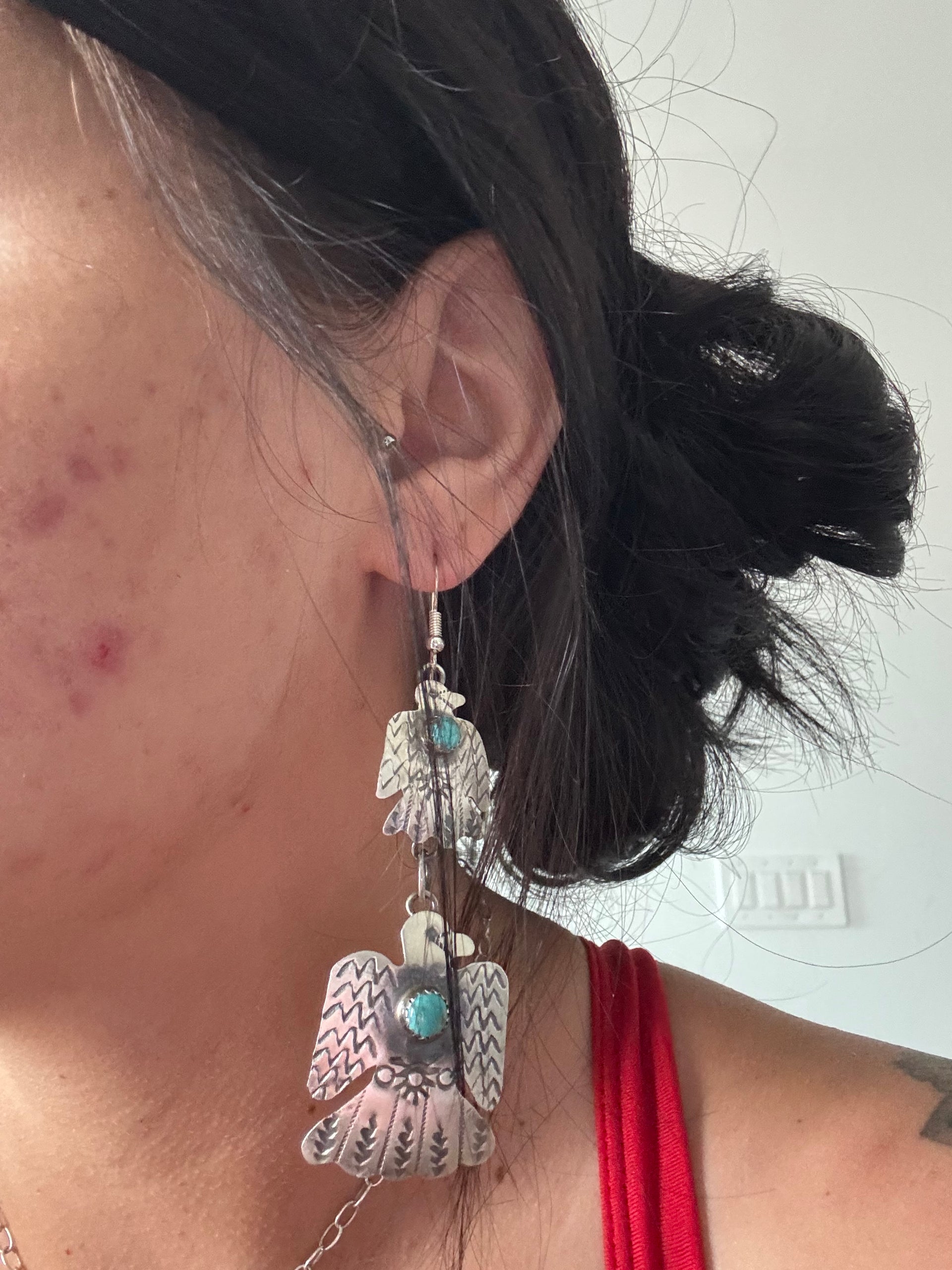 Gabriela Yazzie Kingman Turquoise & Sterling Silver Dangle Thunderbird Earrings