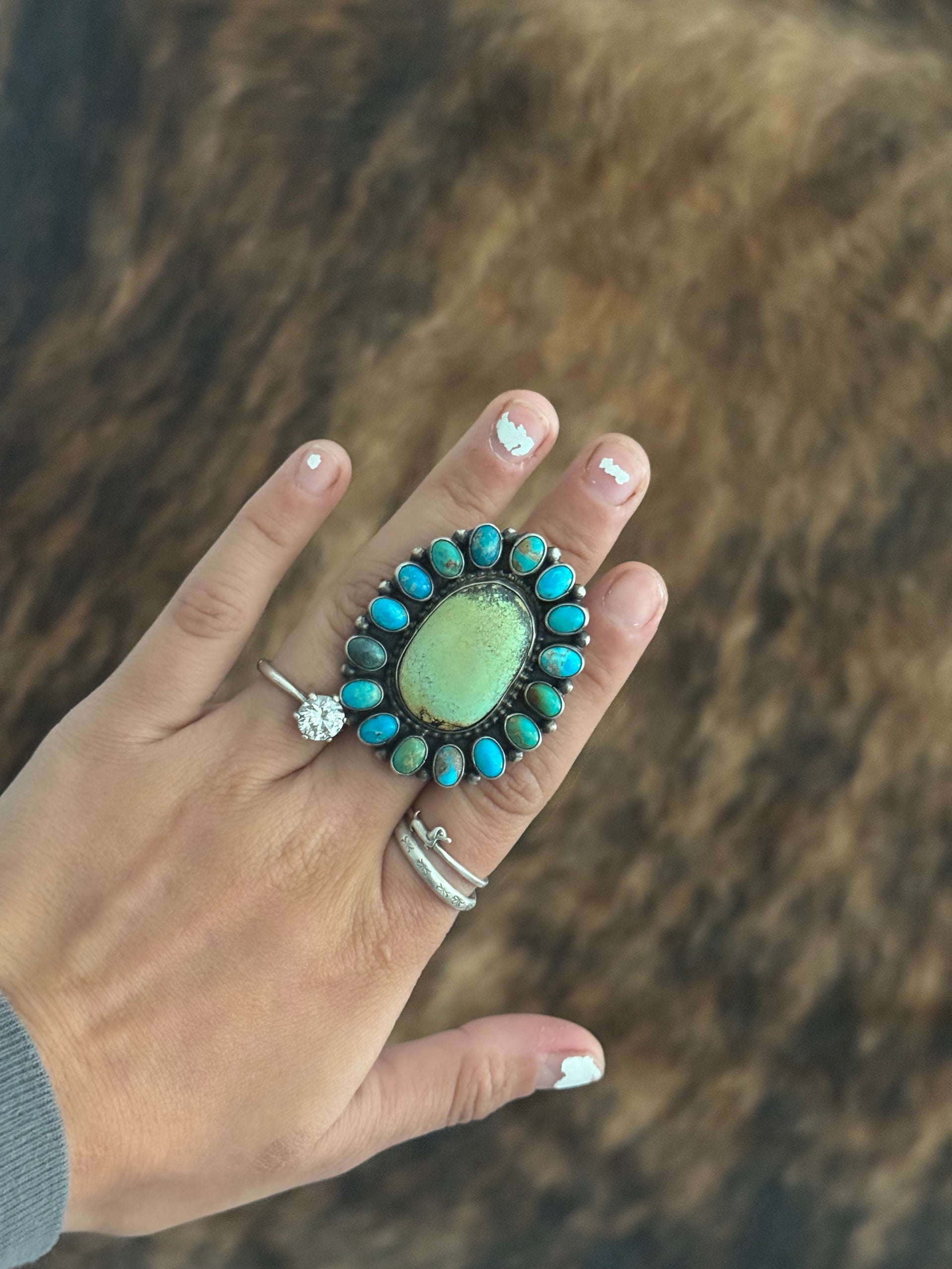Navajo Made Mixed Turquoise & Sterling Silver Adjustable Cluster Ring