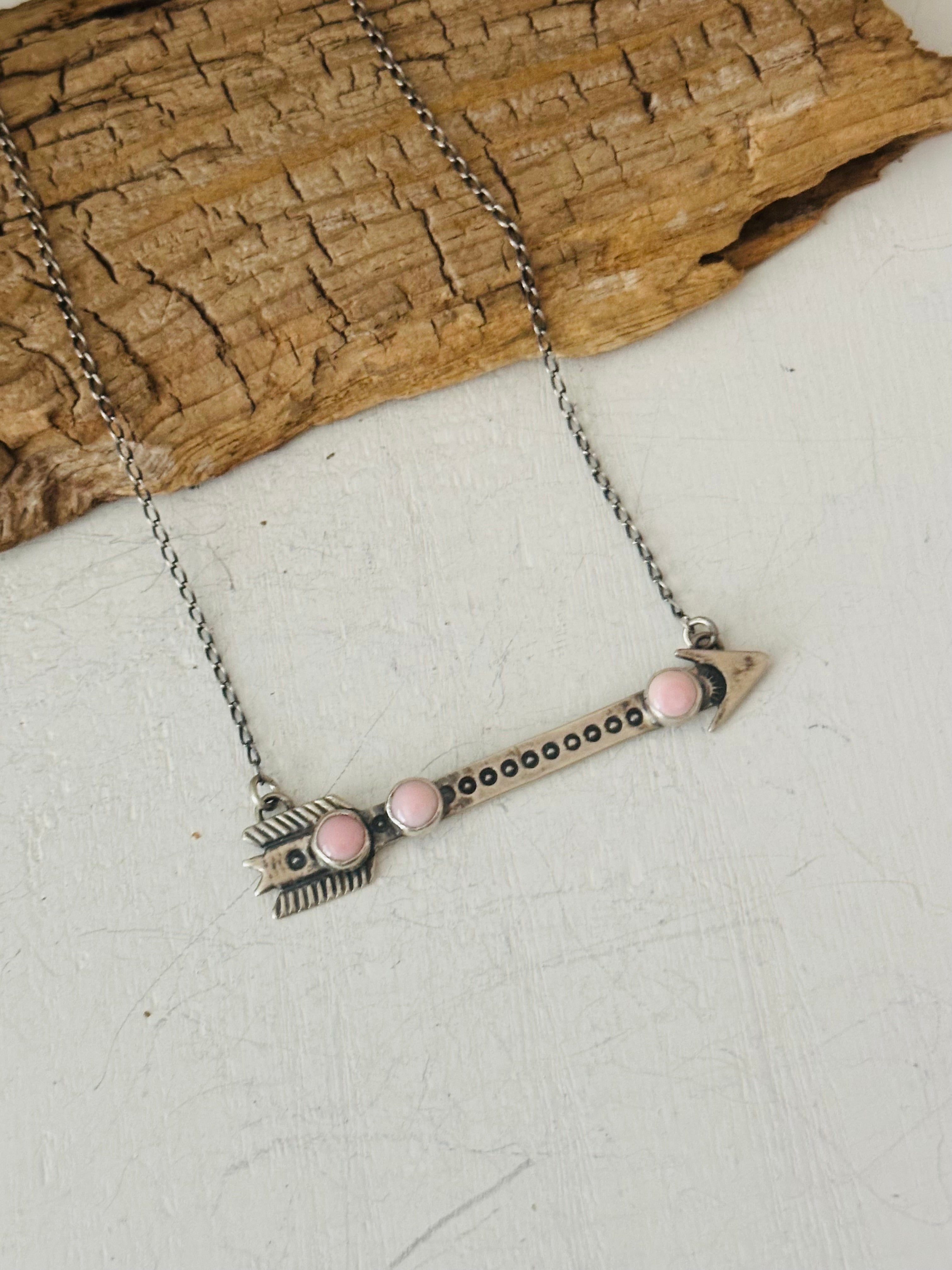 Navajo Made Pink Conch & Sterling Silver Arrow Necklace