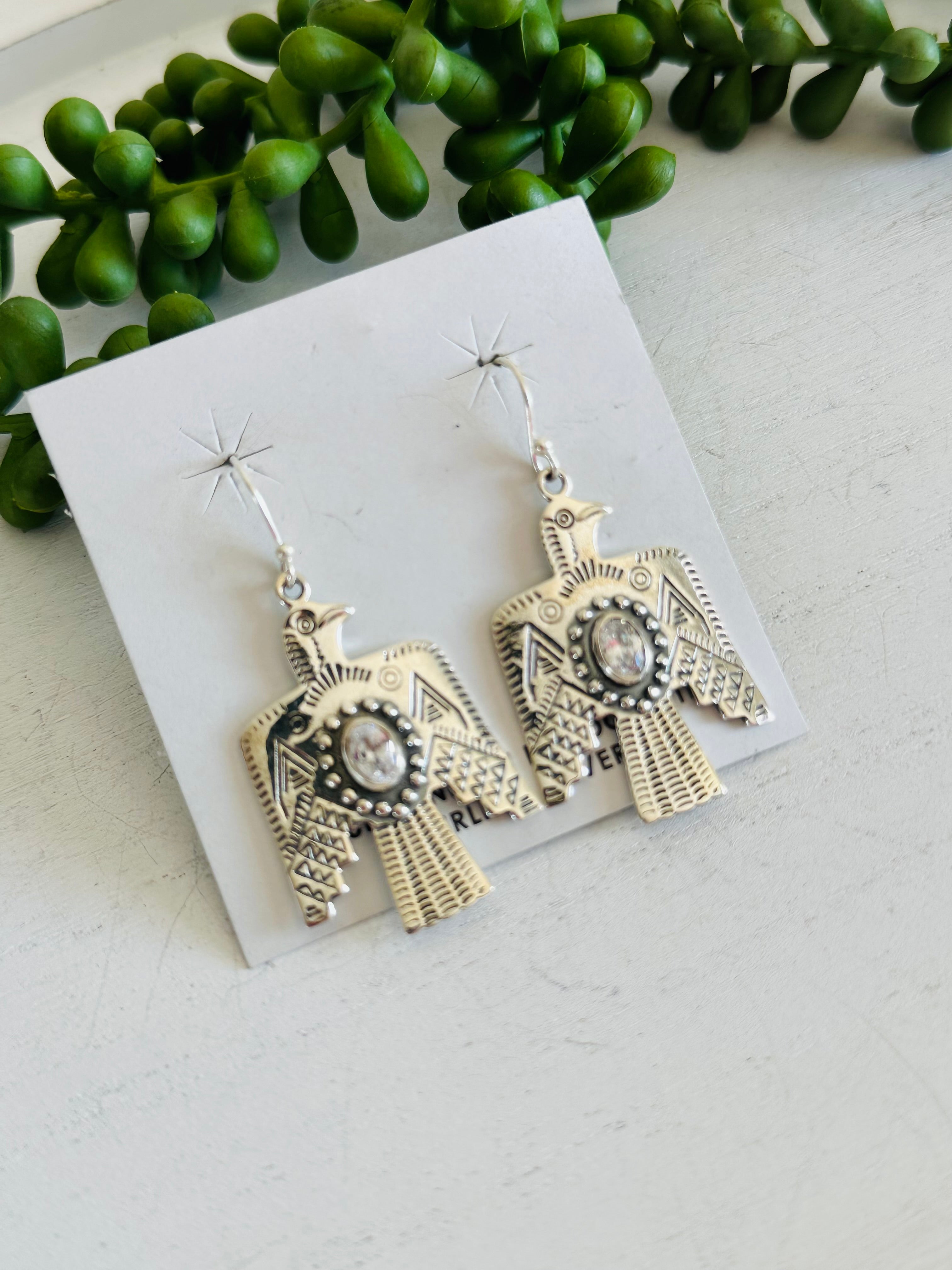 Southwest Handmade Cubic Zirconia & Sterling Silver Dangle Thunderbird Earrings