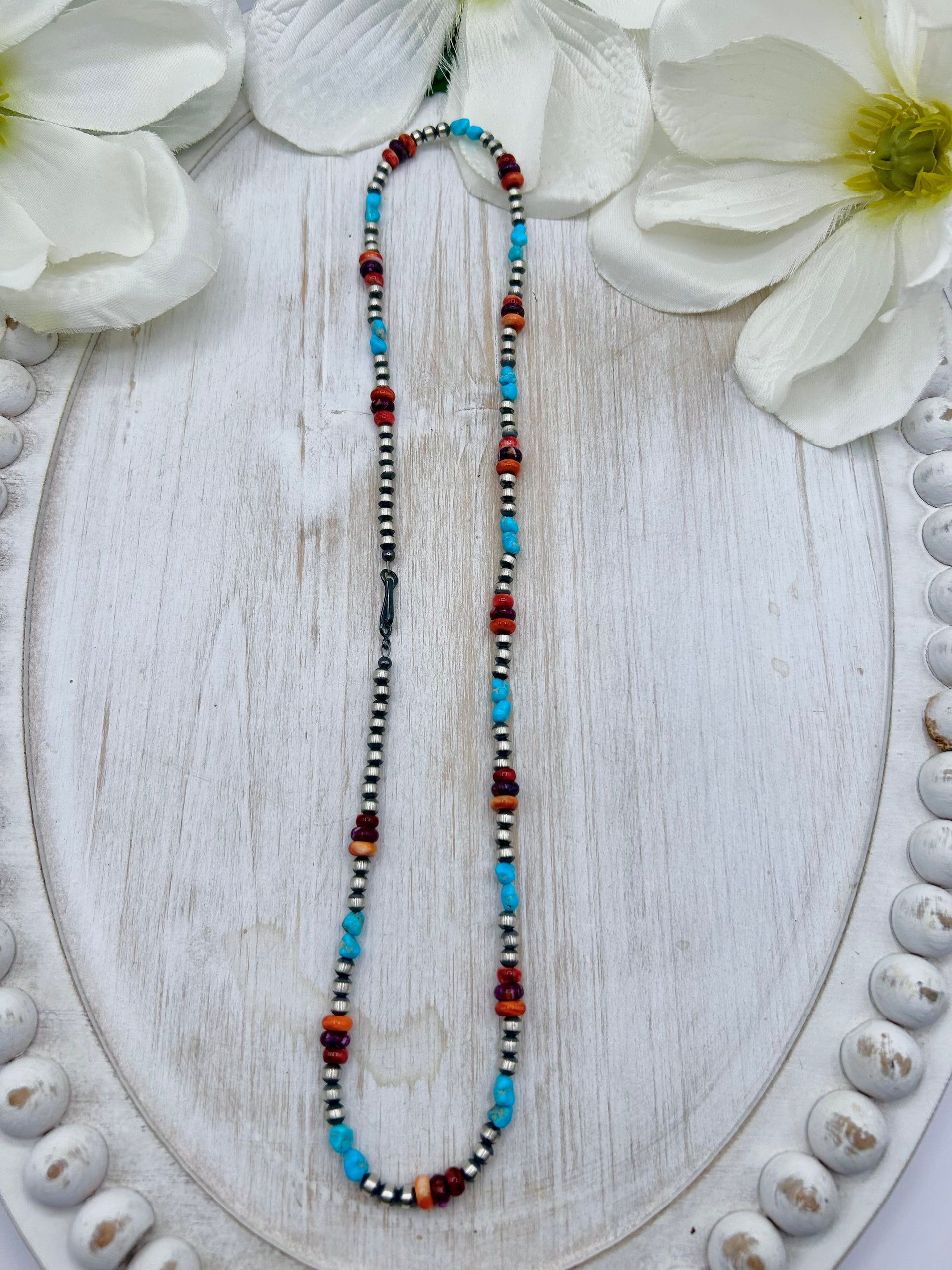 Navajo Made Strung Multi Stone & Sterling Silver Necklace