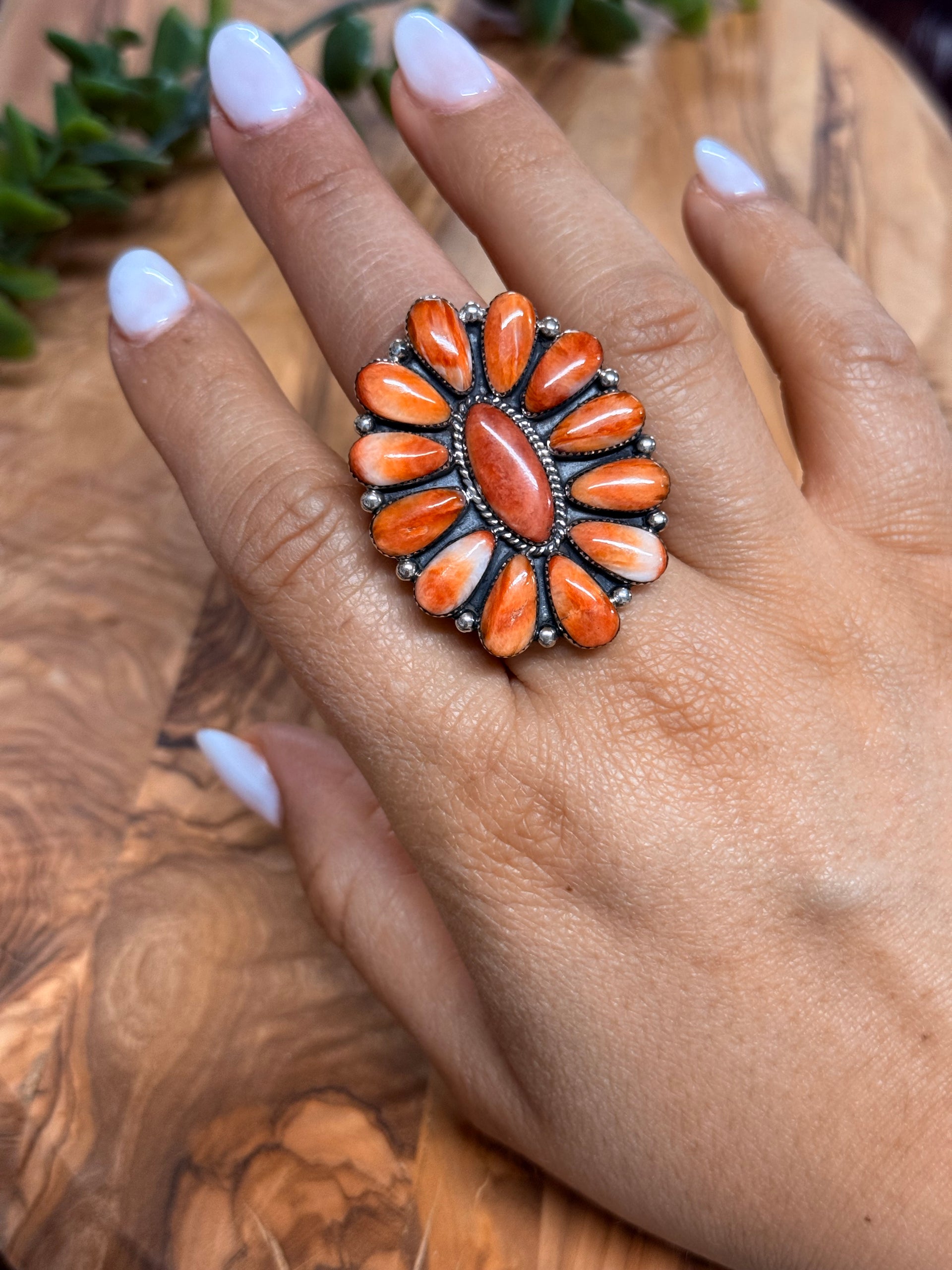Southwest Handmade Spiny Oyster & Sterling Silver Cluster Ring Size 8.75