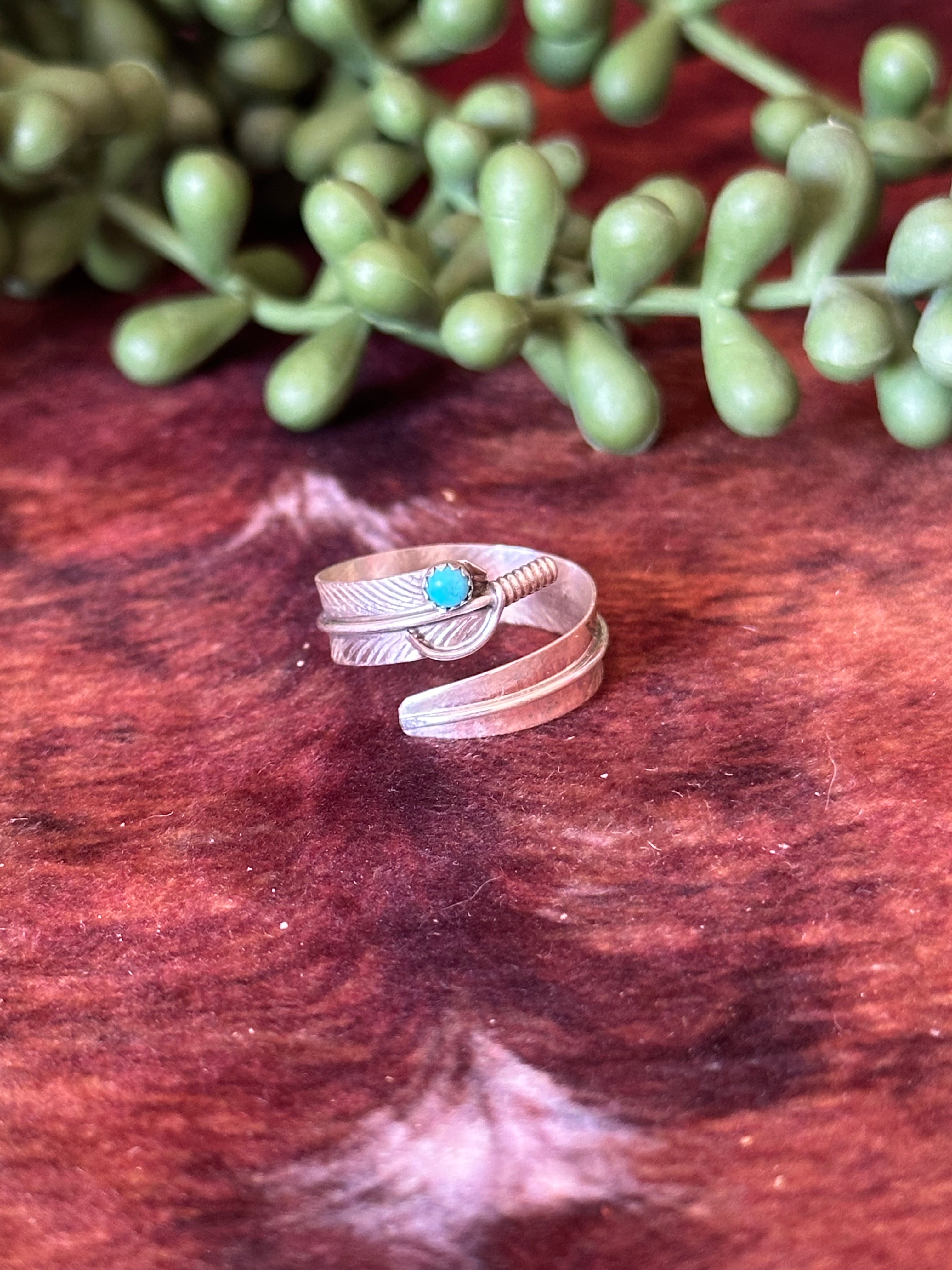 Navajo Made Kingman Turquoise & Sterling Silver Feather Adjustable Ring