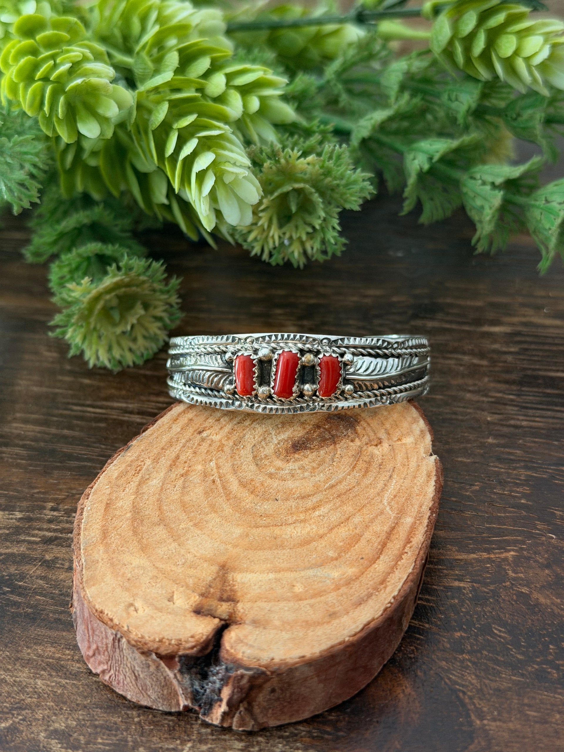 Navajo Made Red Coral & Sterling Silver Baby Cuff Bracelet