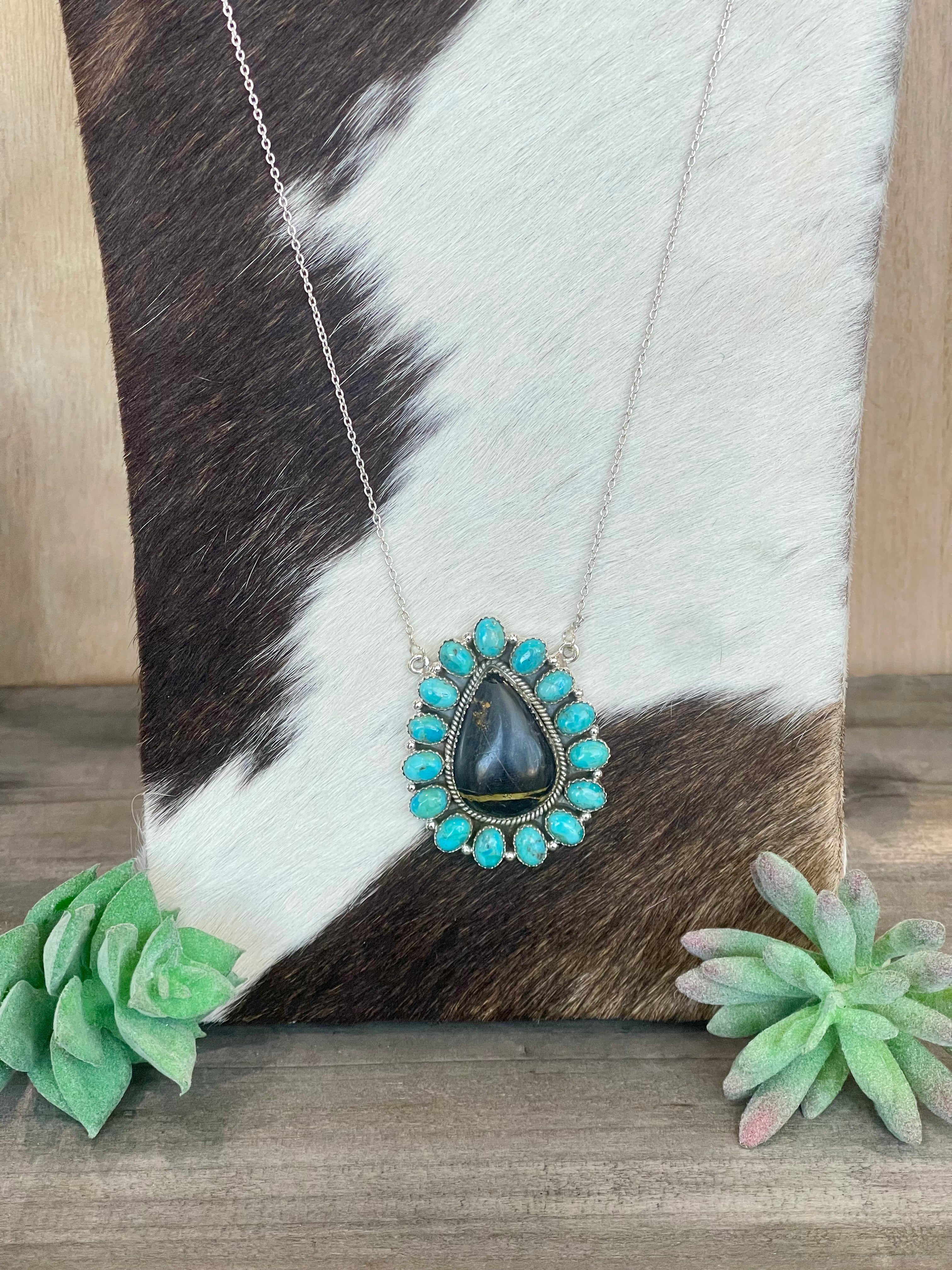 Southwest Handmade BlackJack Turquoise And Kingman Turquoise & Sterling Silver Necklace