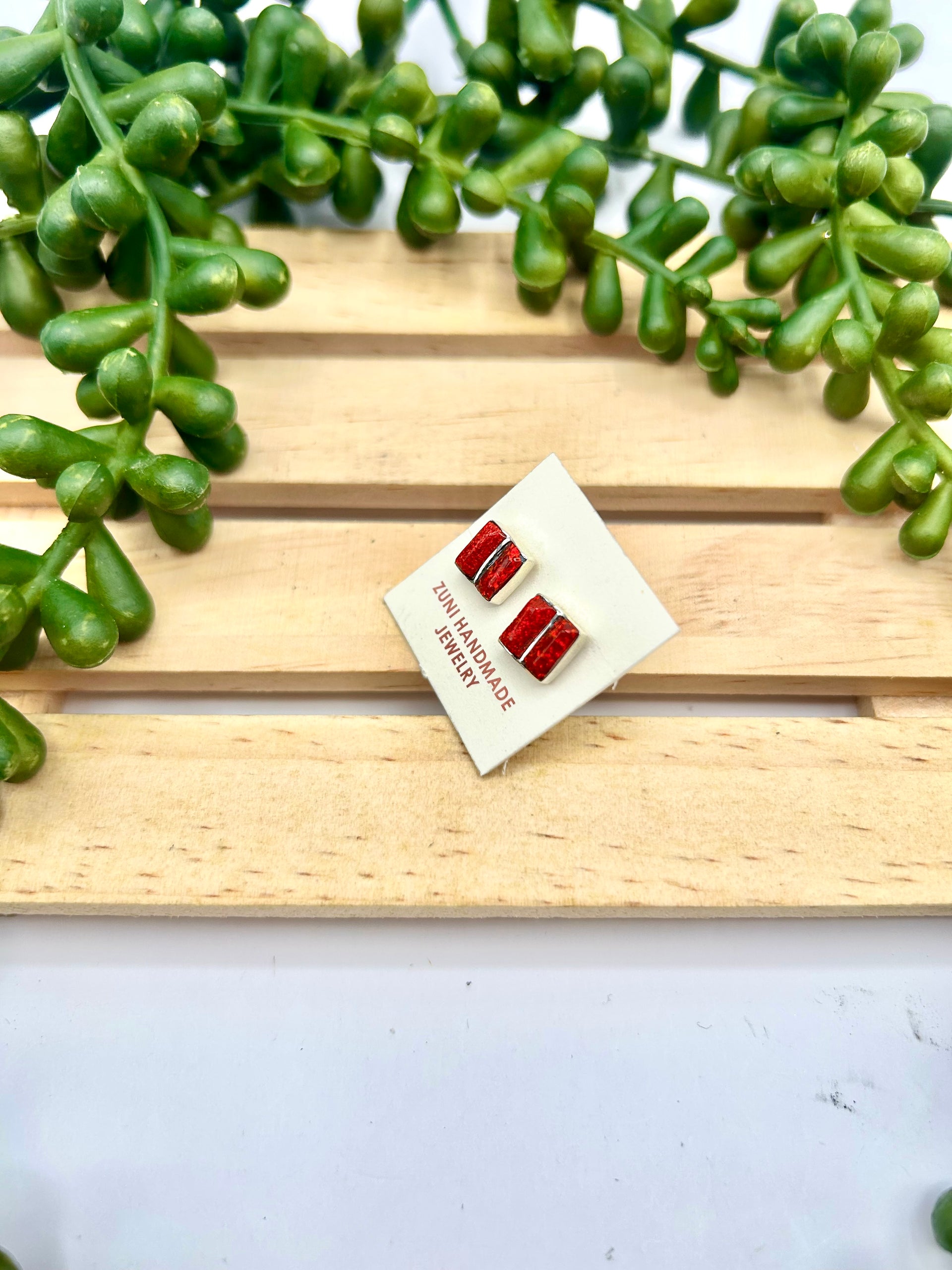Zuni Made Red Coral & Sterling Silver Post Earrings