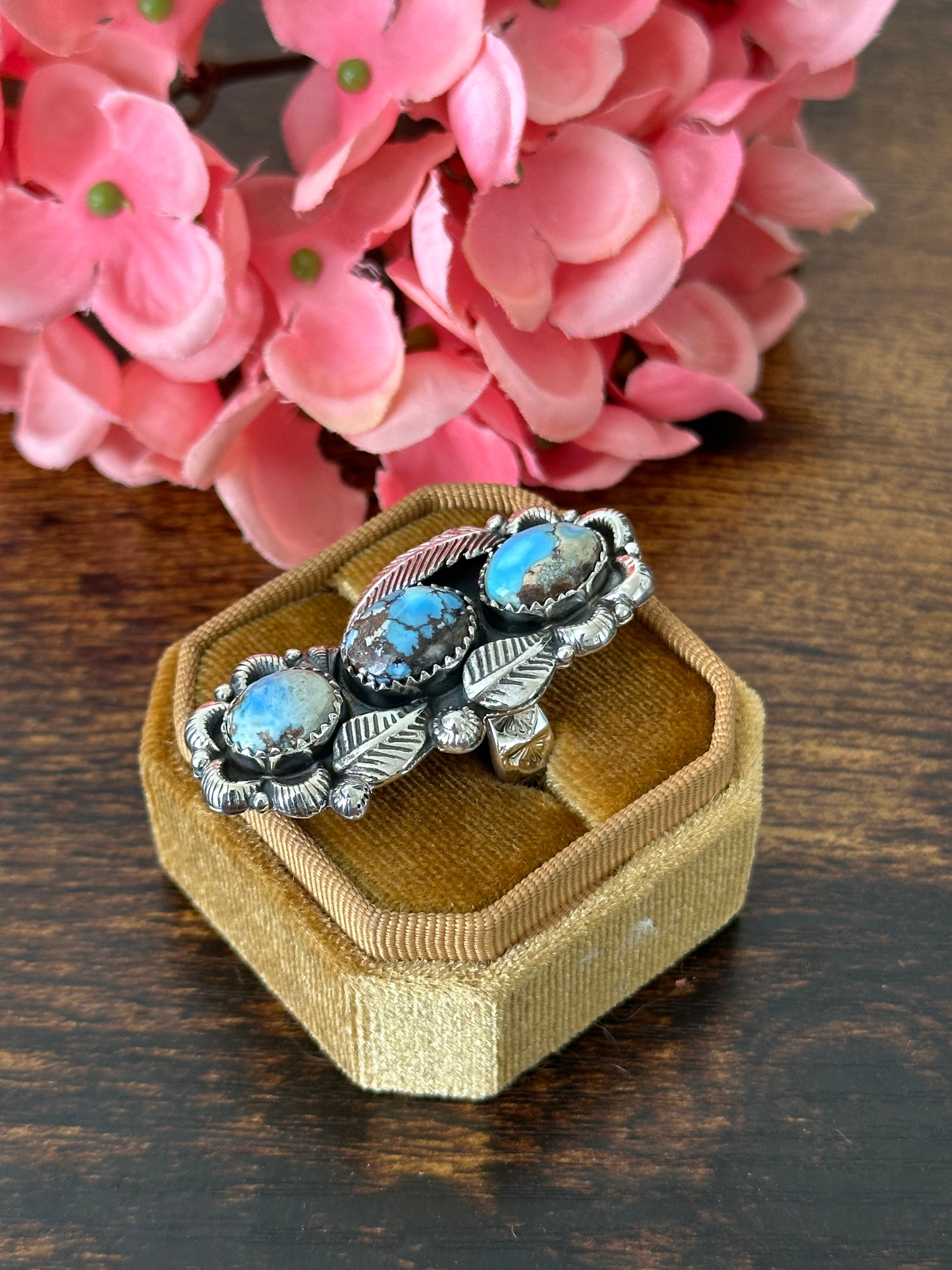 Southwest Handmade Golden Hills Turquoise & Sterling Silver Cluster Adjustable Ring