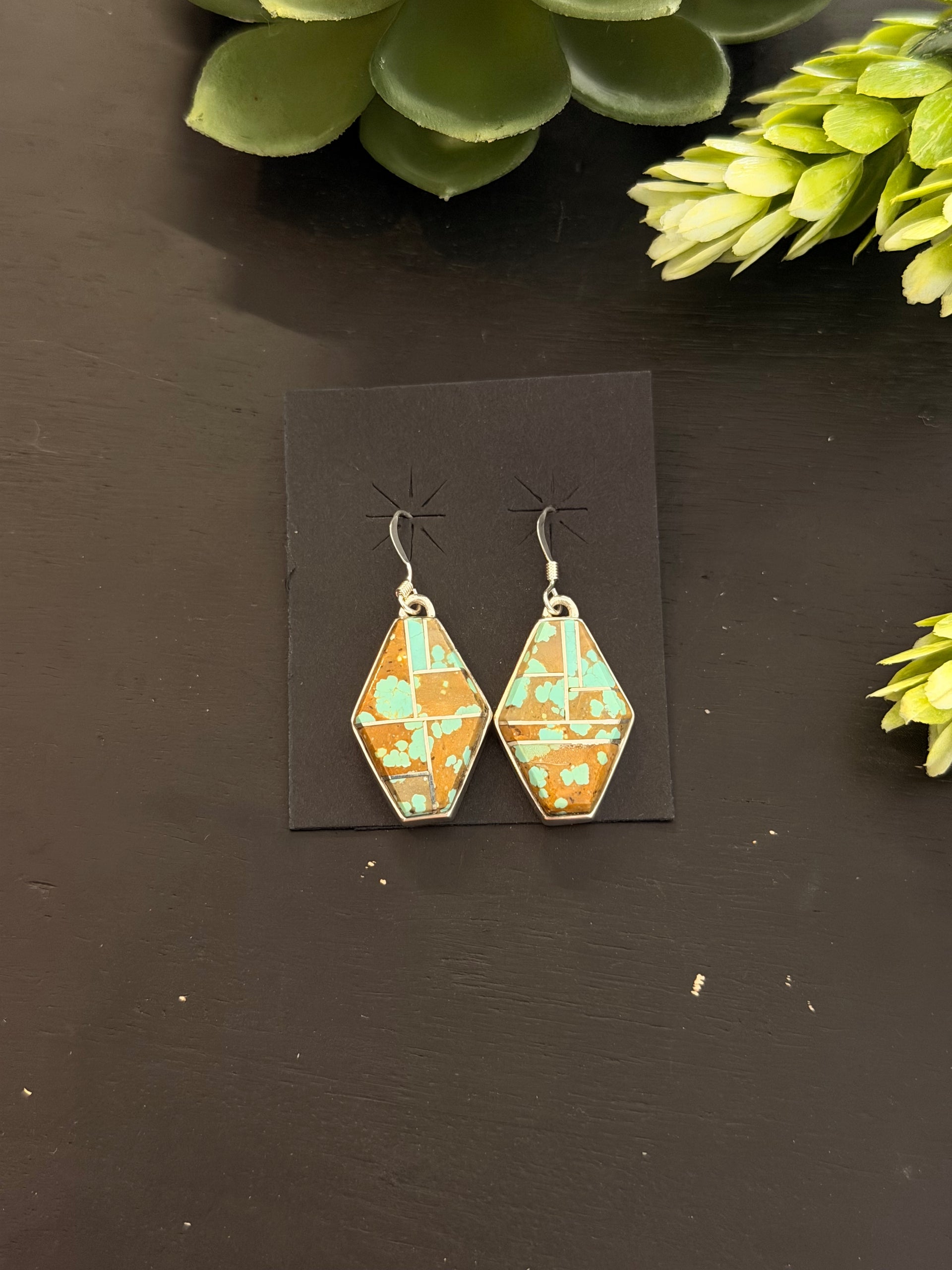 Navajo Made Mine 8 Turquoise & Sterling Silver Inlay Dangle Earrings
