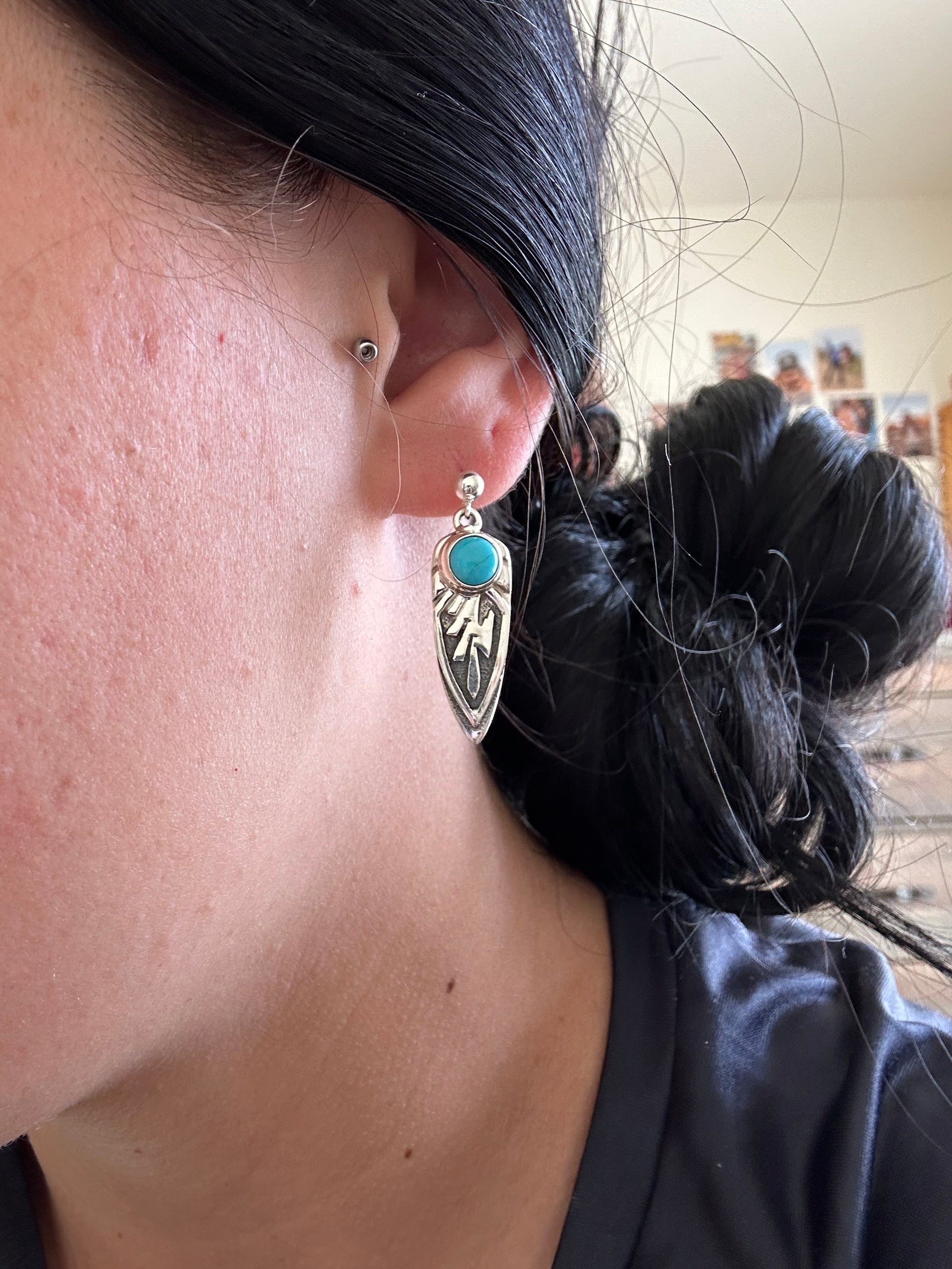 Navajo Made Sleeping Beauty Turquoise & Sterling Silver Post Dangle Earrings