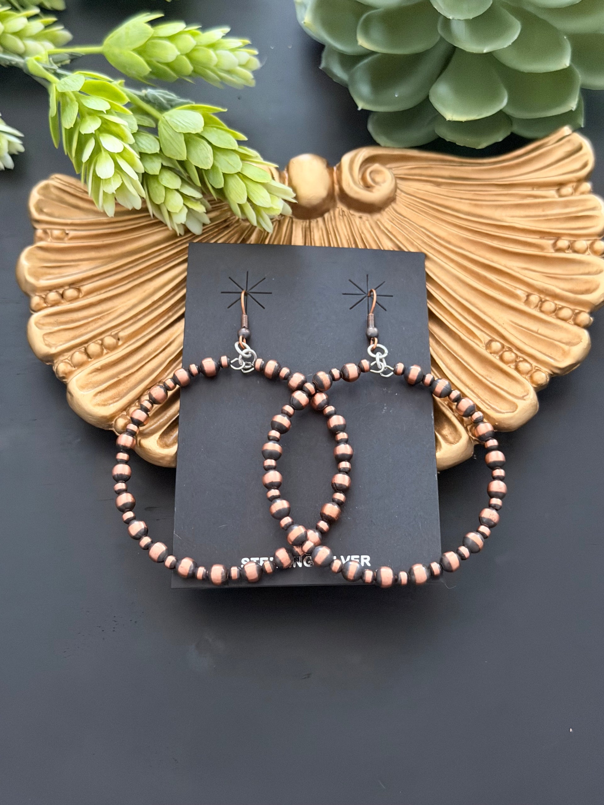 Navajo Strung Copper Graduated Machine Made Pearls Dangle Earrings