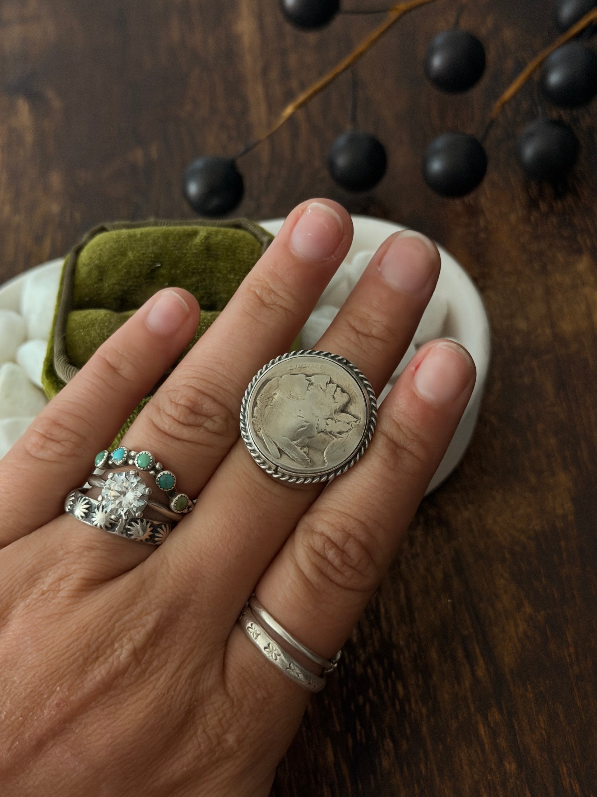 Navajo Made Buffalo Nickel & Sterling Silver Ring Size 5.5
