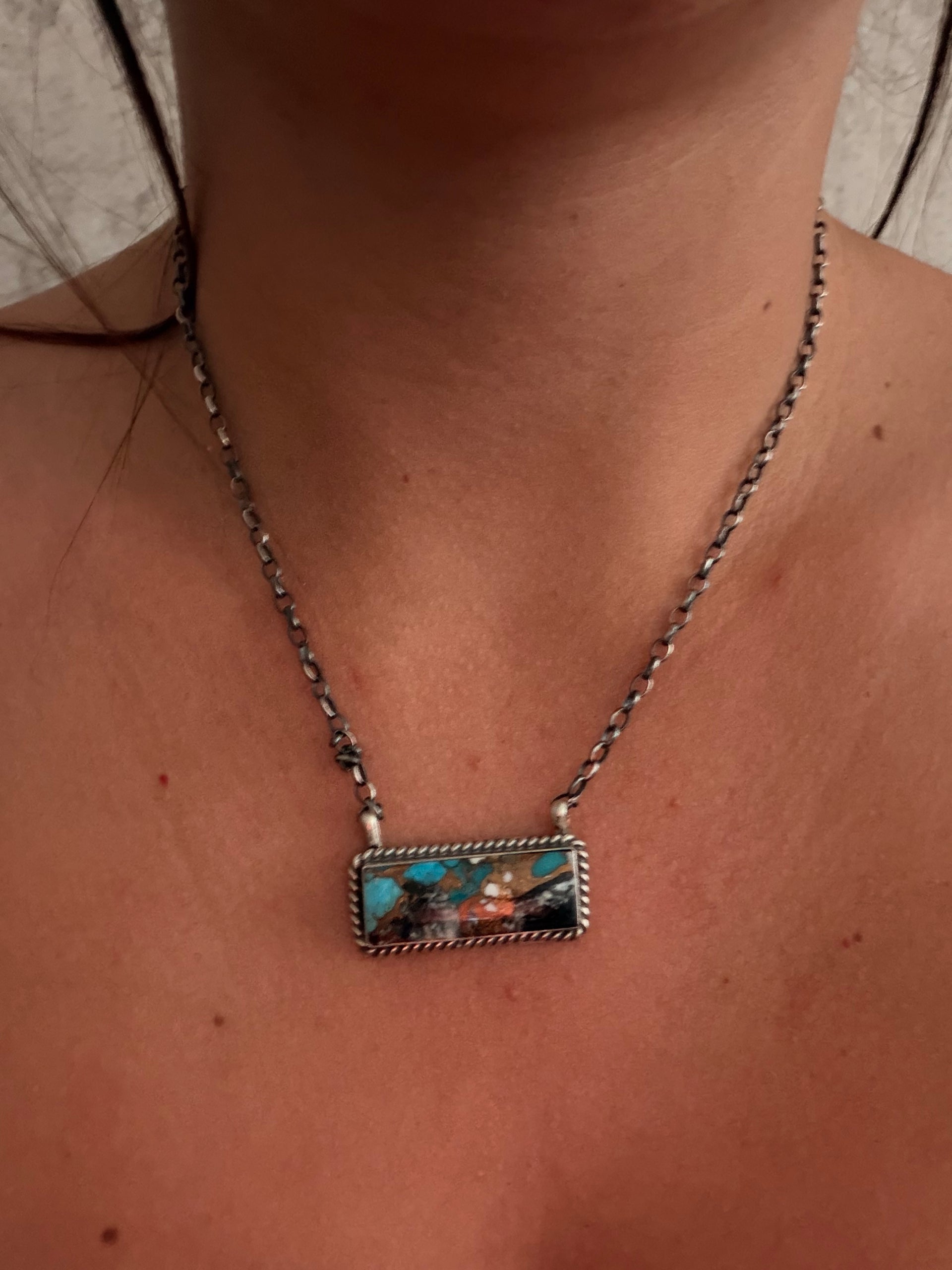 Johnny Dixon Mohave Turquoise & Sterling Silver Bar Necklace