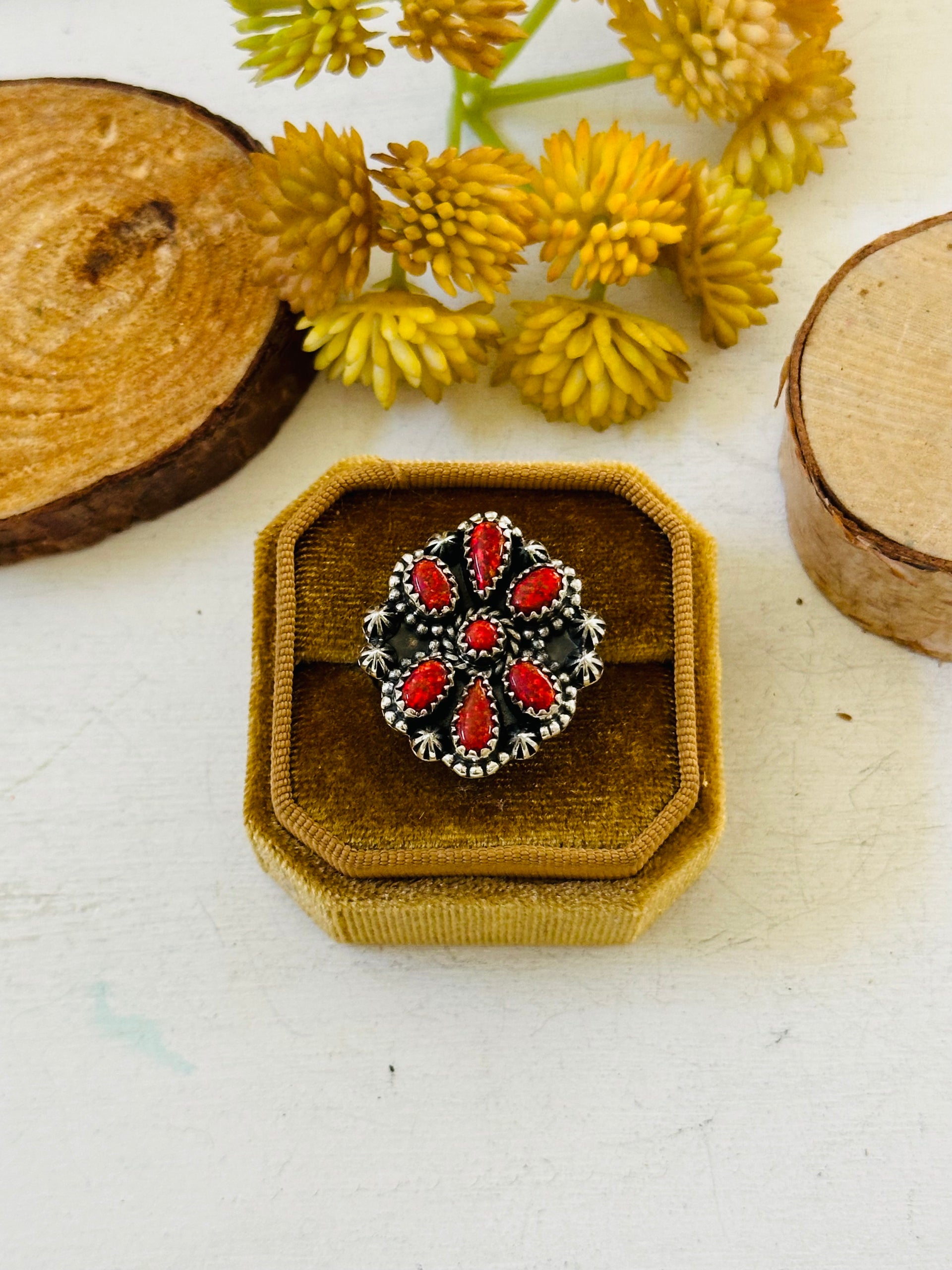 TTD “Sky Cascade” Red Opal & Sterling Silver Adjustable Cluster Ring