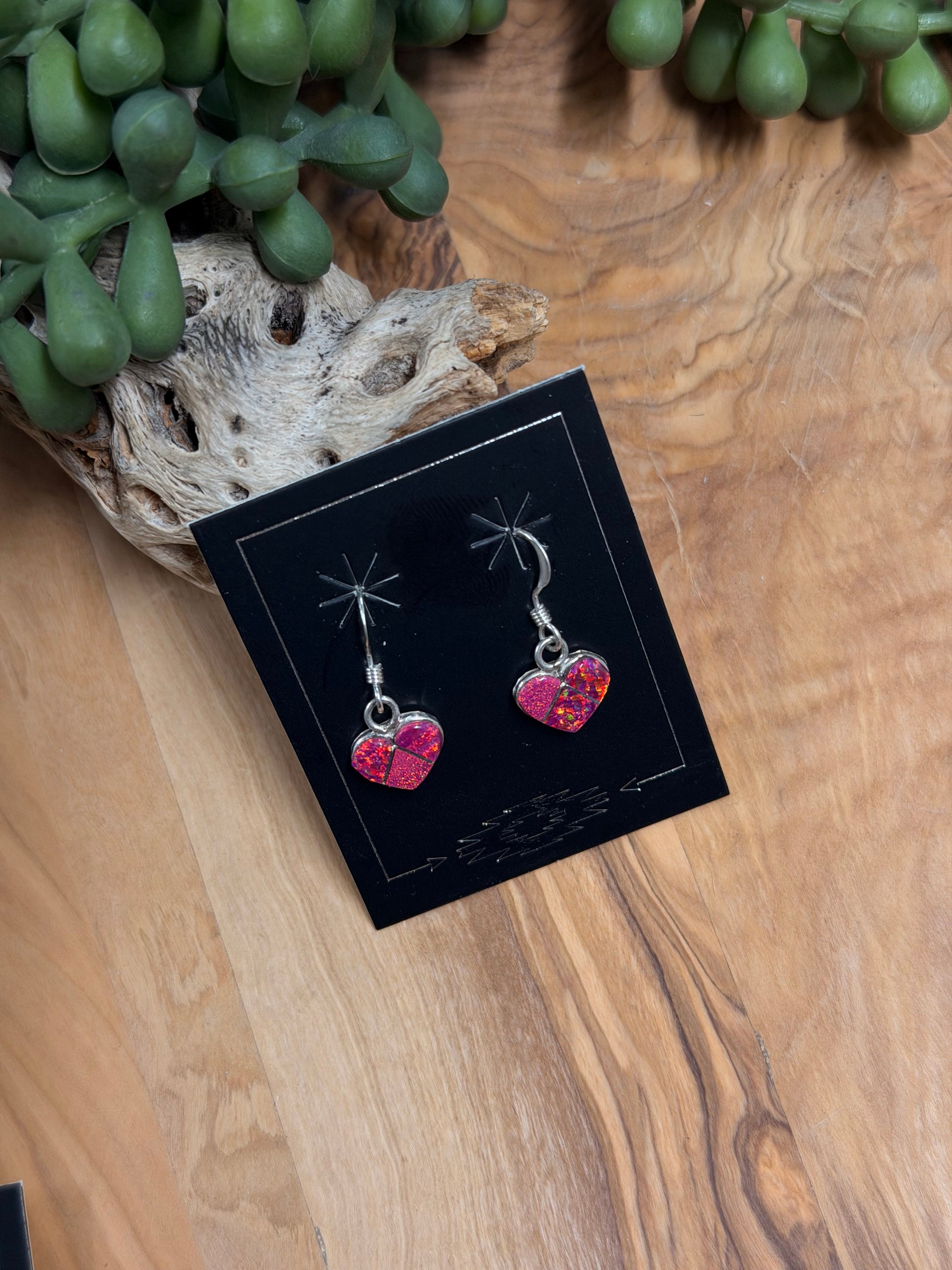 Zuni Made Opal (Man Made) & Sterling Silver Dangle Heart Earrings