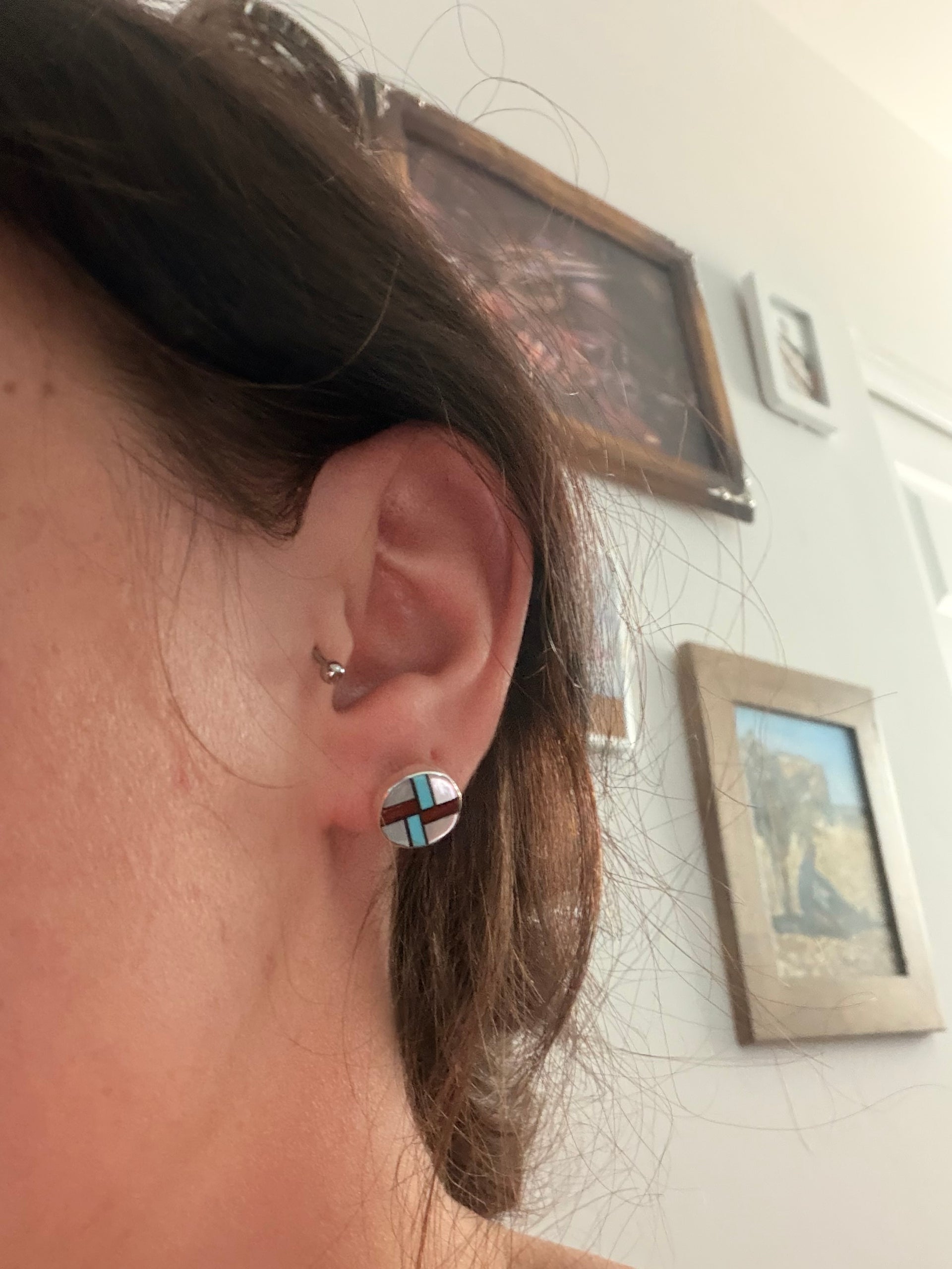 Zuni Made Multi Stone & Sterling Silver Post Inlay Earrings