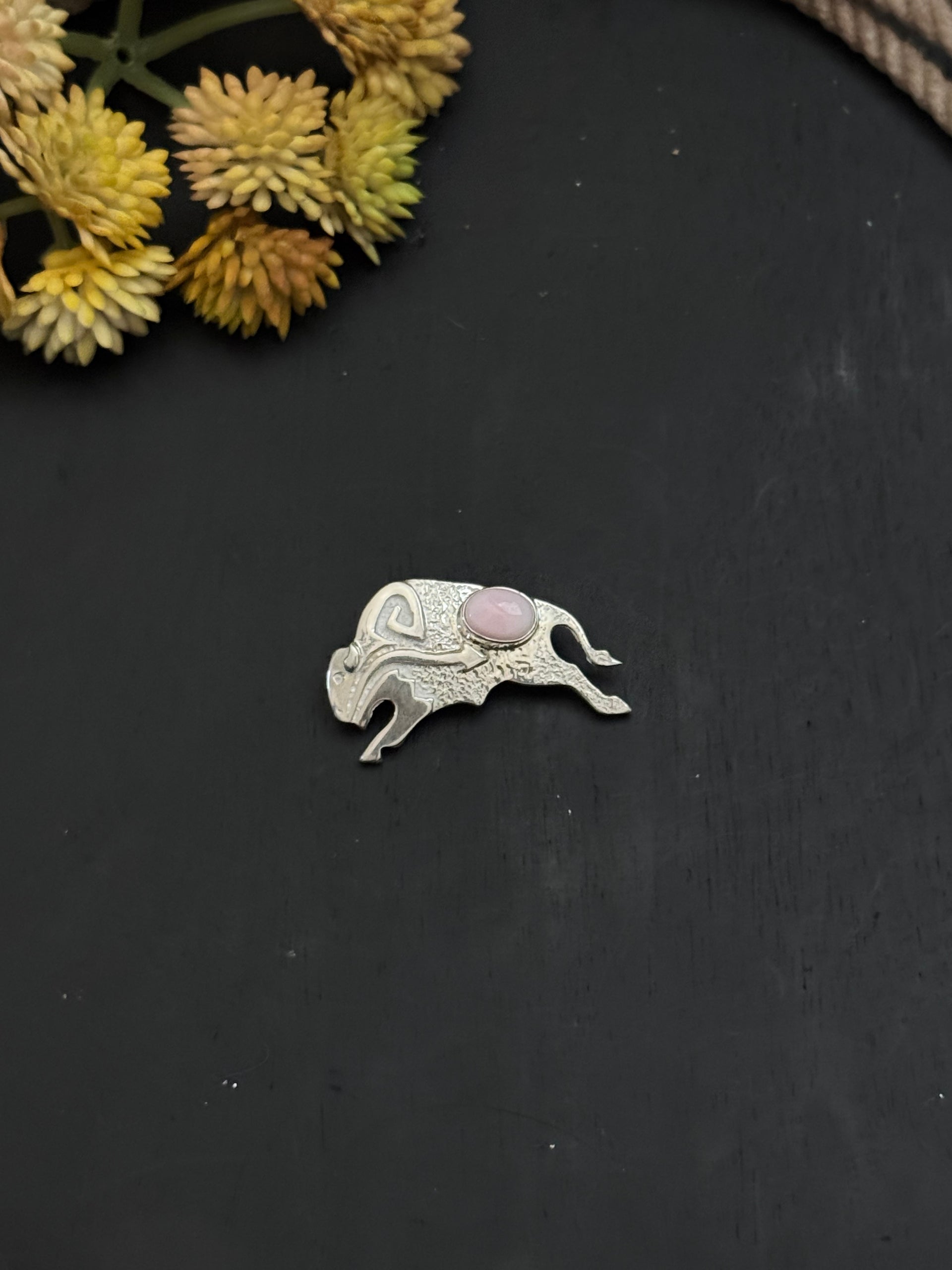 Navajo Made Pink Conch & Sterling Silver Buffalo Pin
