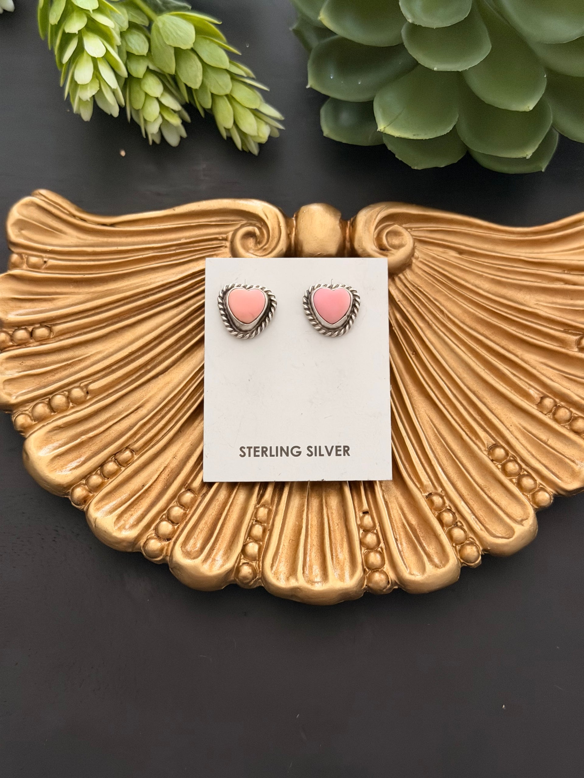 Larson Chee Pink Conch & Sterling Silver Post Heart Earrings