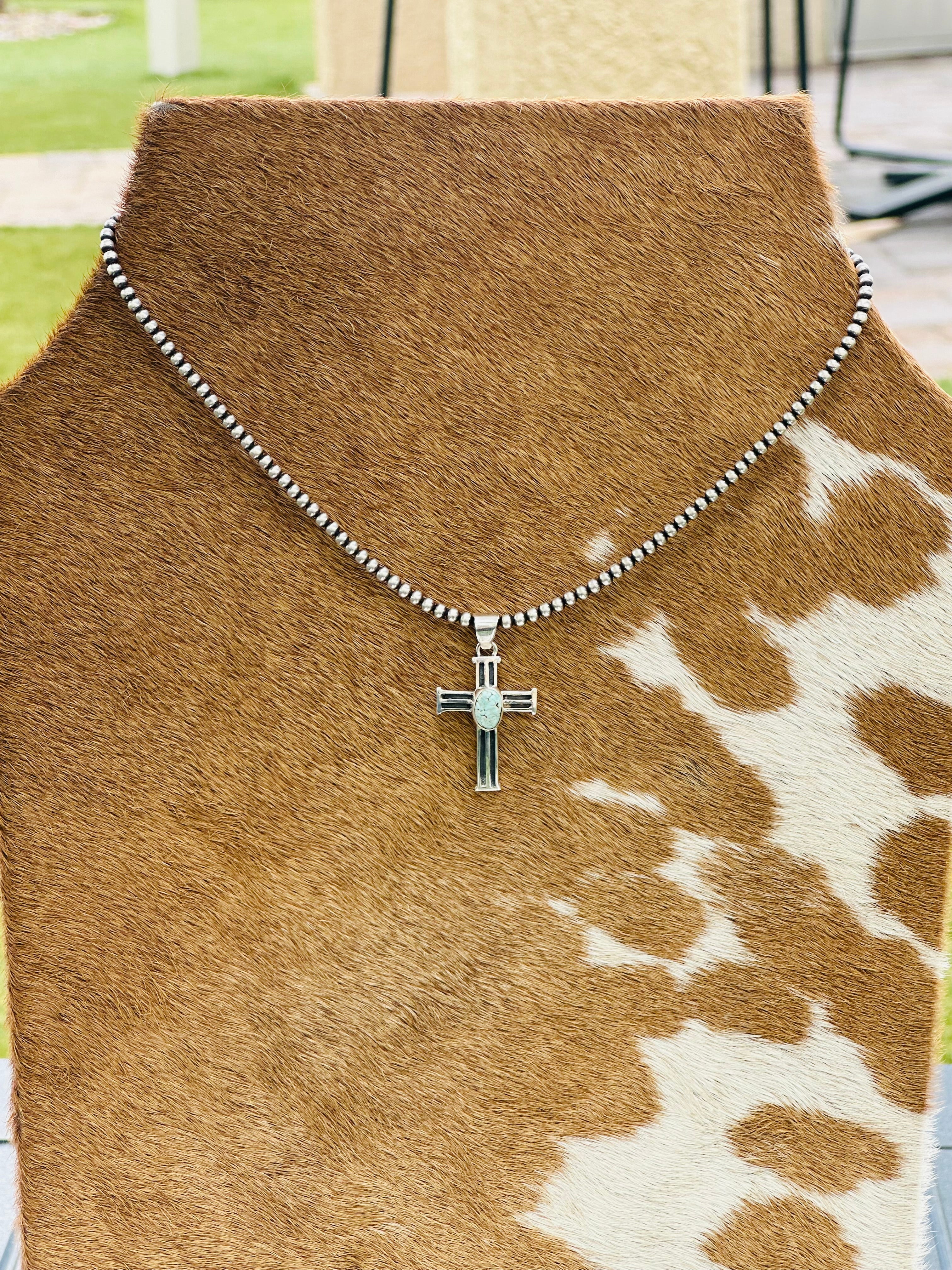 Navajo Made Dry Creek Turquoise & Sterling Silver Cross Pendant