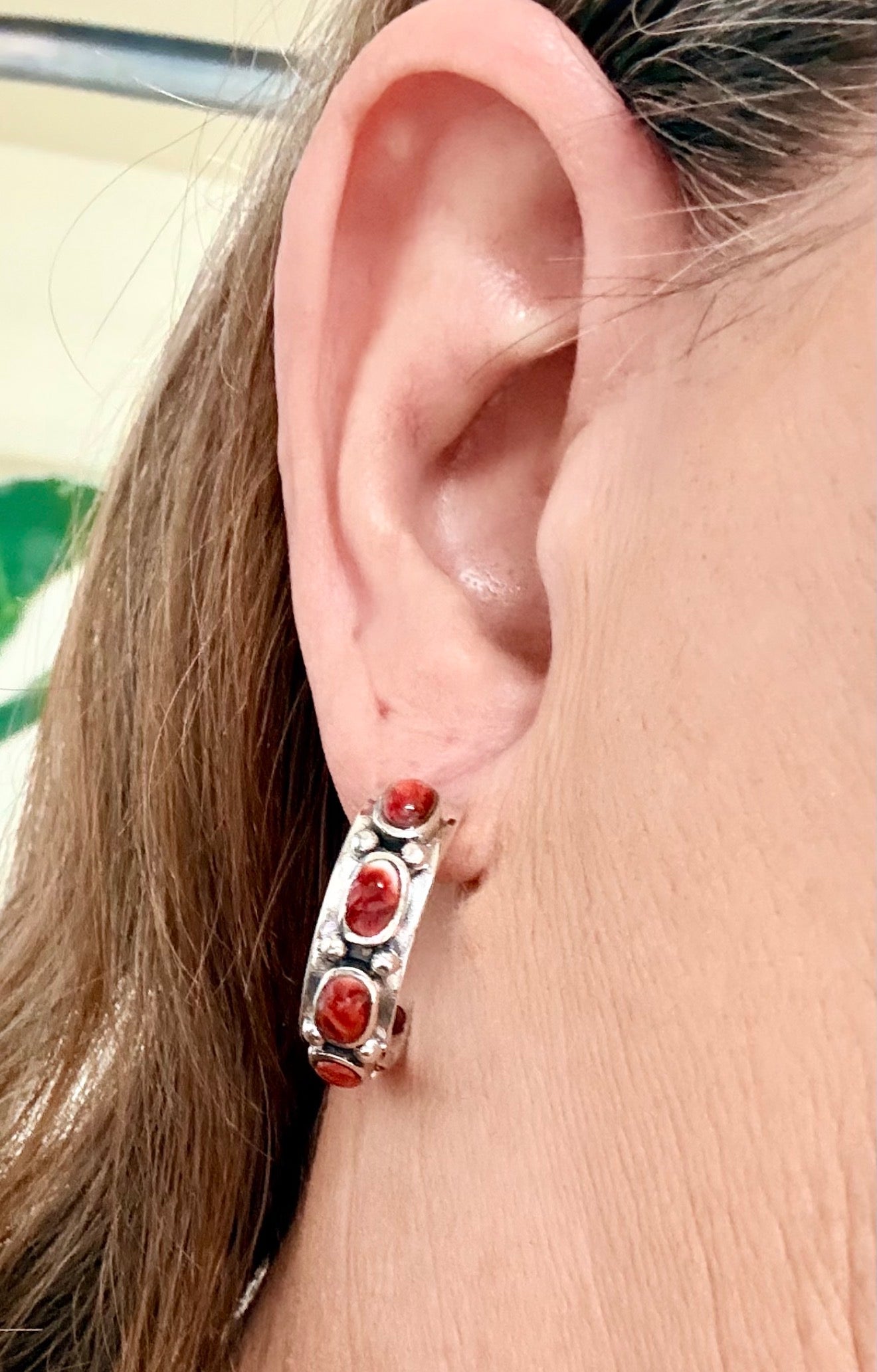 Southwest Handmade Spiny Oyster & Sterling Silver Hoop Earrings