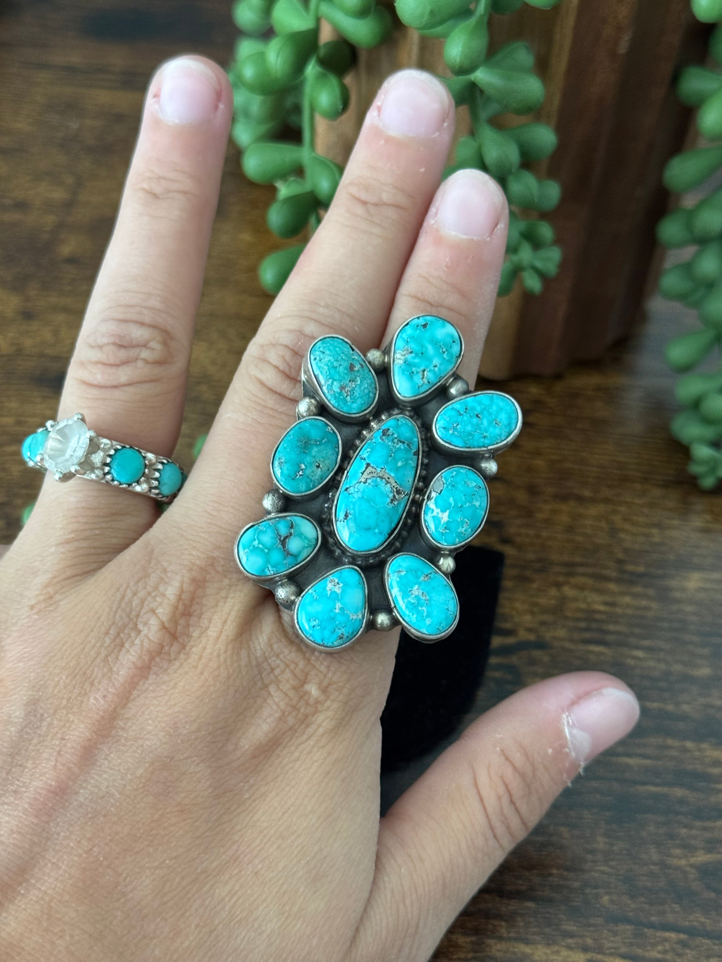 Sheila Becenti White Water Turquoise & Sterling Silver Adjustable Cluster Ring