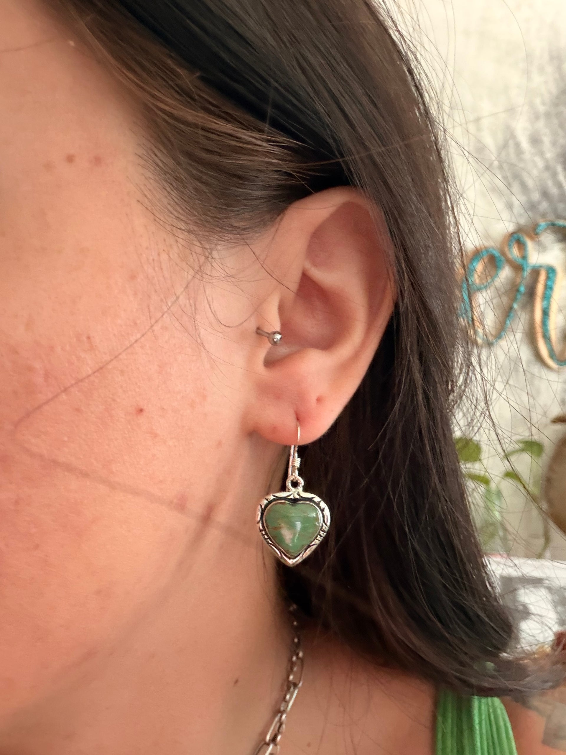 Navajo Made Kingman Turquoise & Sterling Silver Dangle Heart Earrings